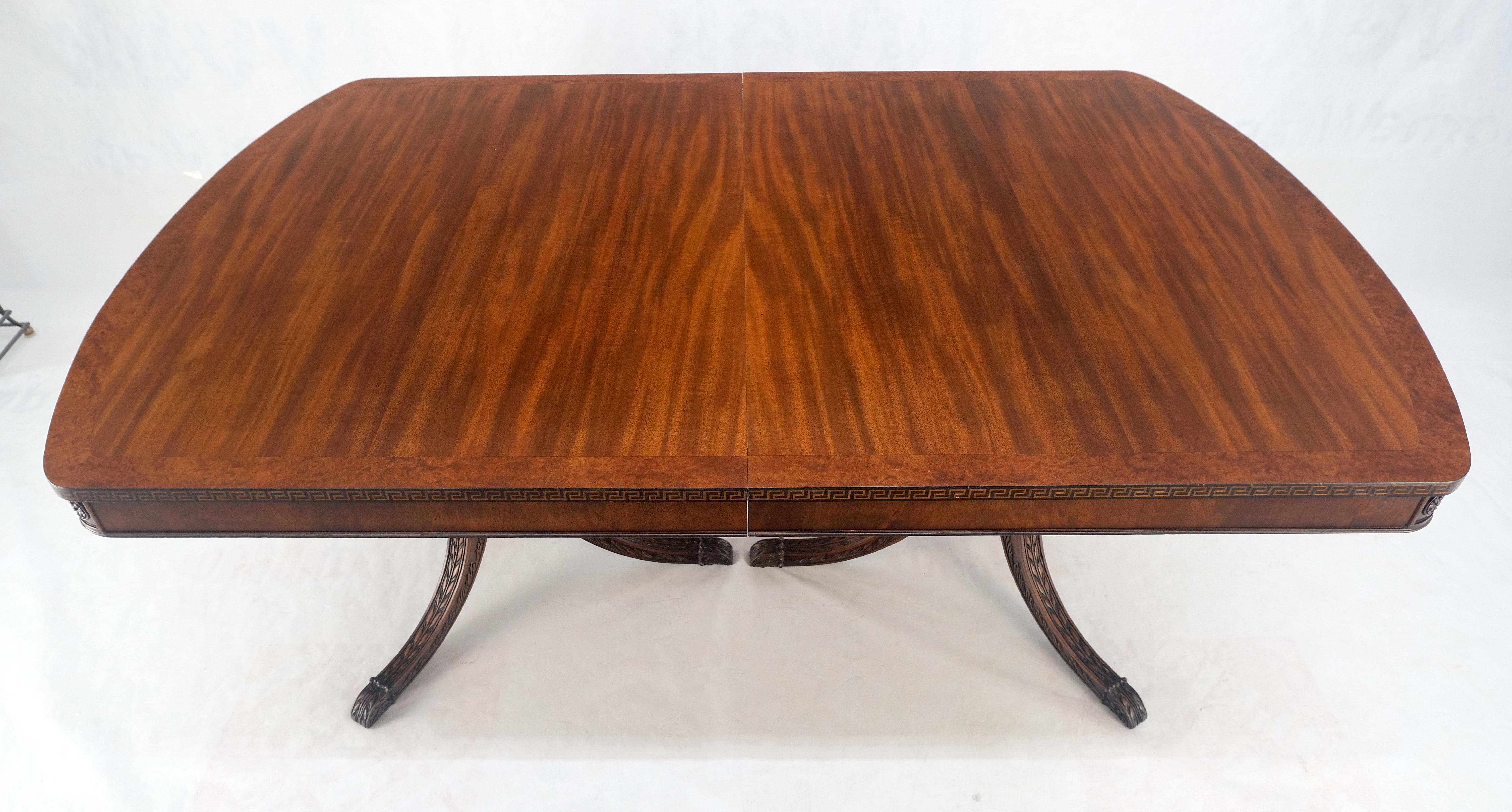 Double Pedestal Mahogany Burl Wood Banded 4 Leaves 10' Total Length Dining Table en vente 5