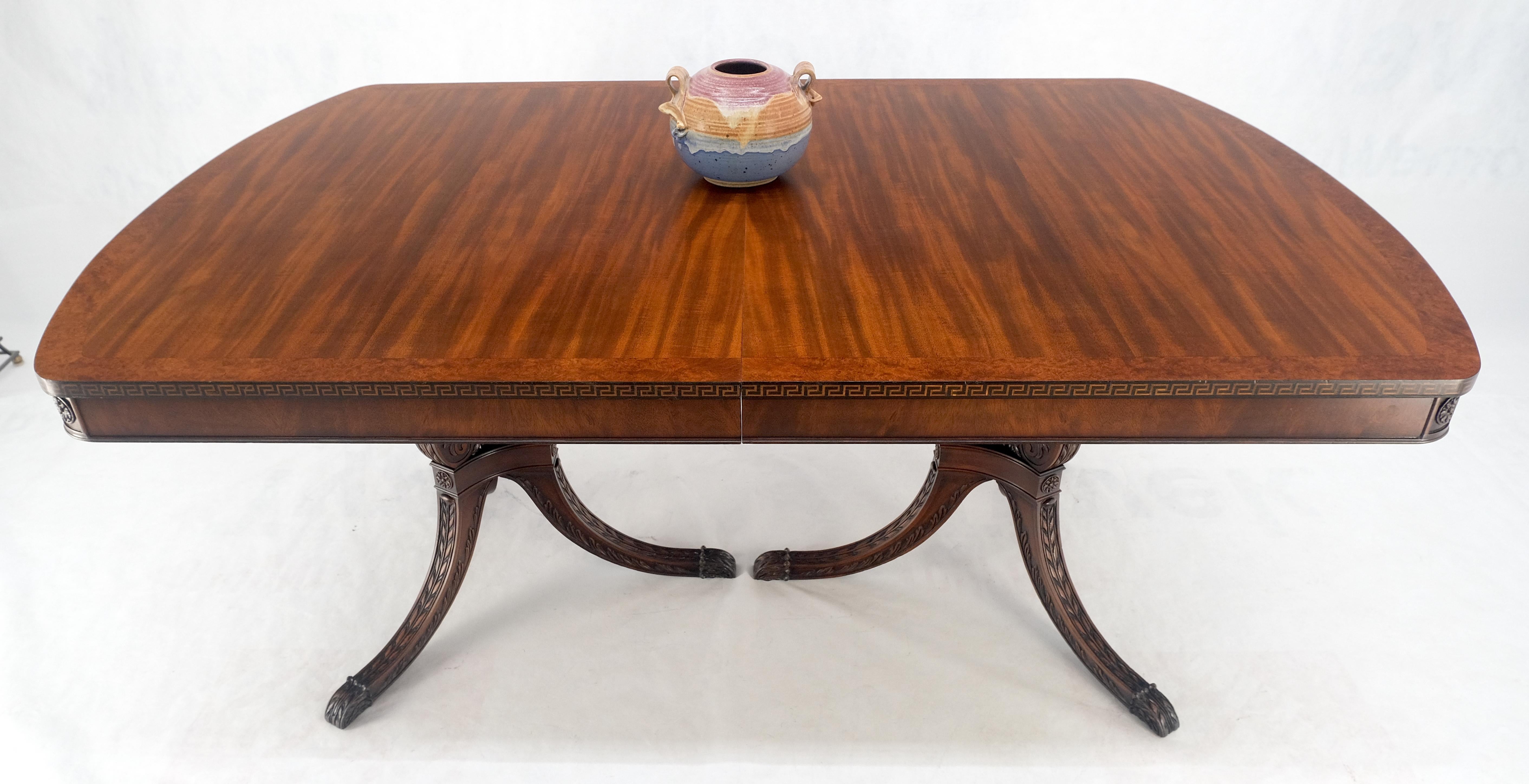 Double Pedestal Mahogany Burl Wood Banded 4 Leaves 10' Total Length Dining Table en vente 6