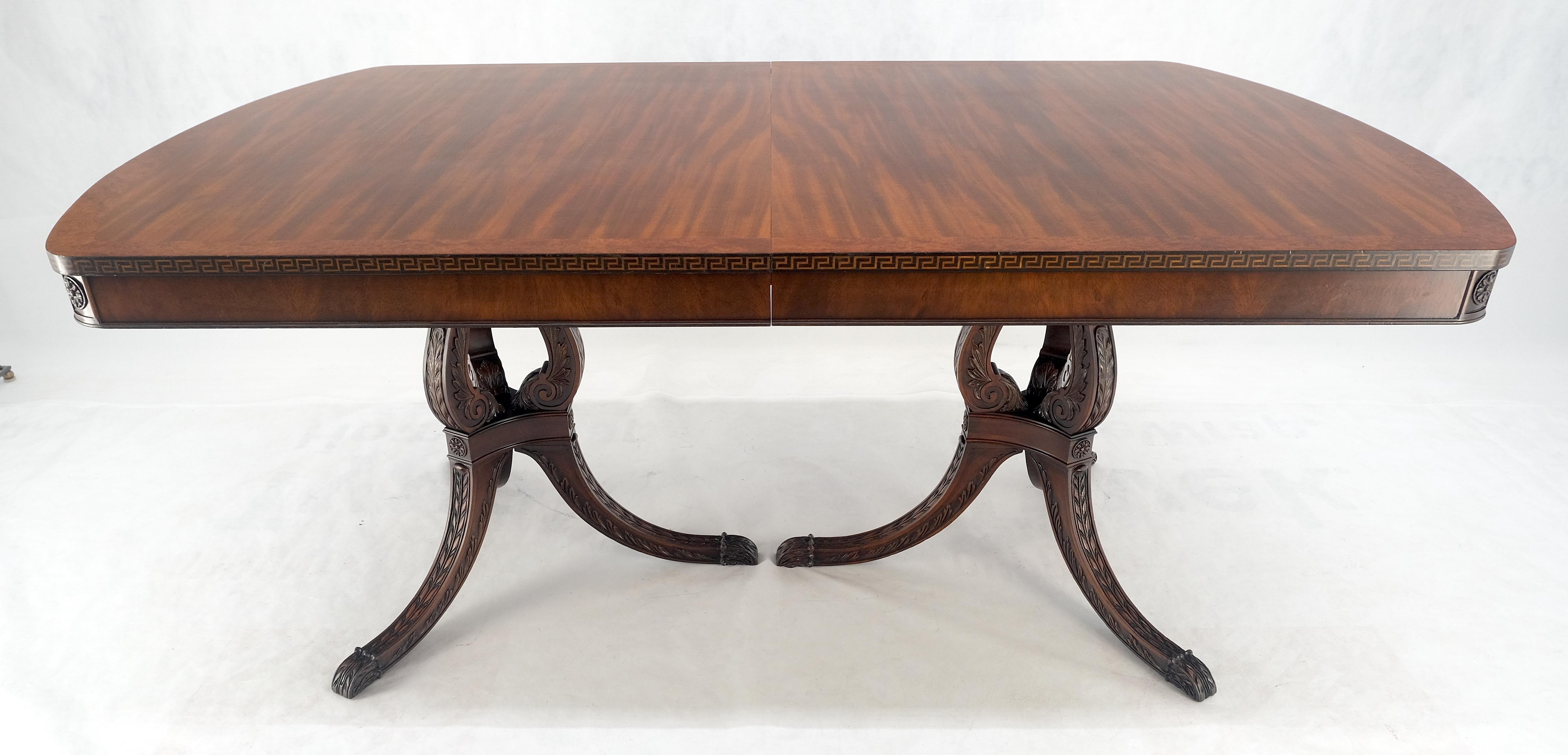 Double Pedestal Mahogany Burl Wood Banded 4 Leaves 10' Total Length Dining Table en vente 7