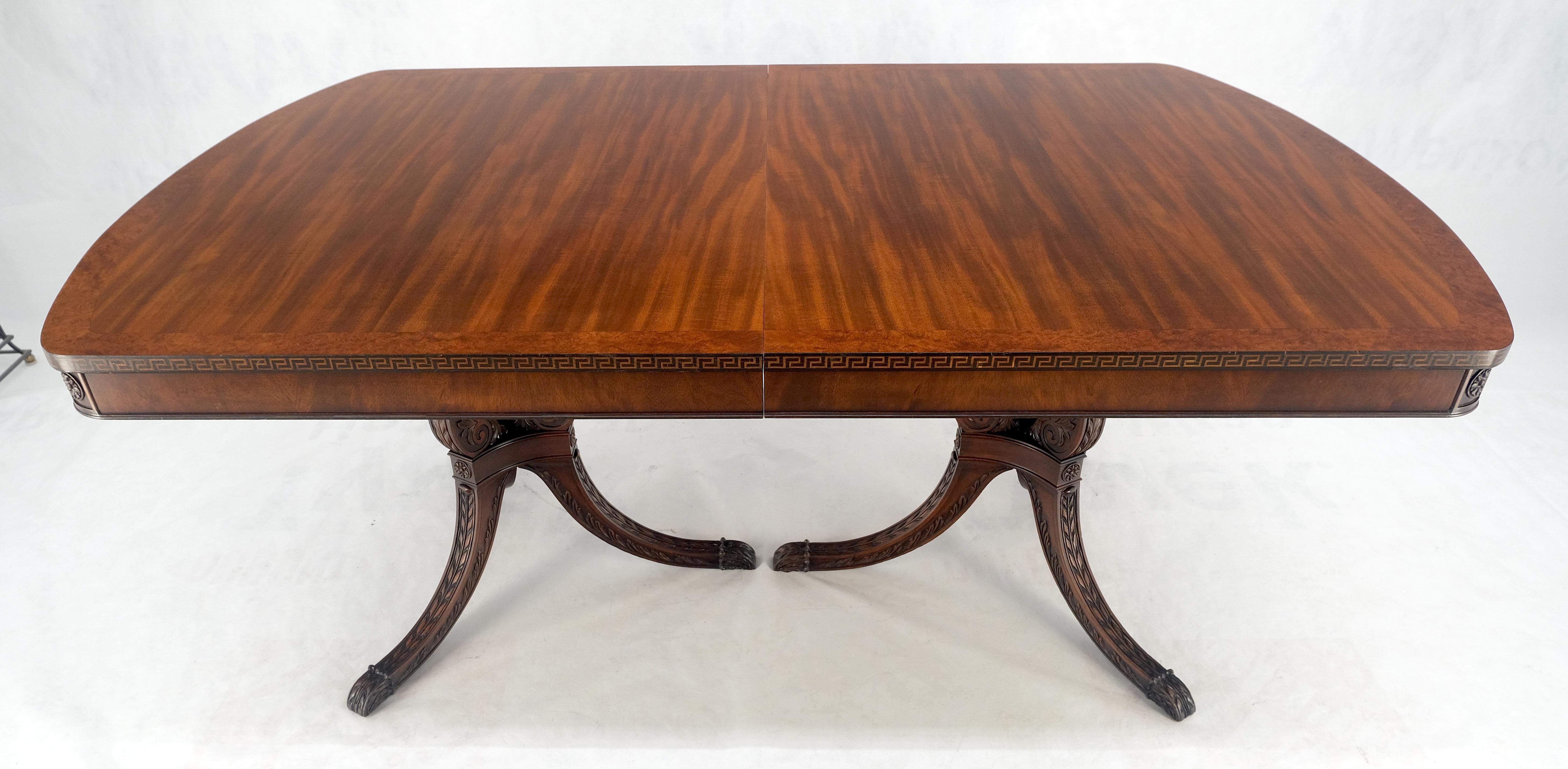 Double Pedestal Mahogany Burl Wood Banded 4 Leaves 10' Total Length Dining Table en vente 8