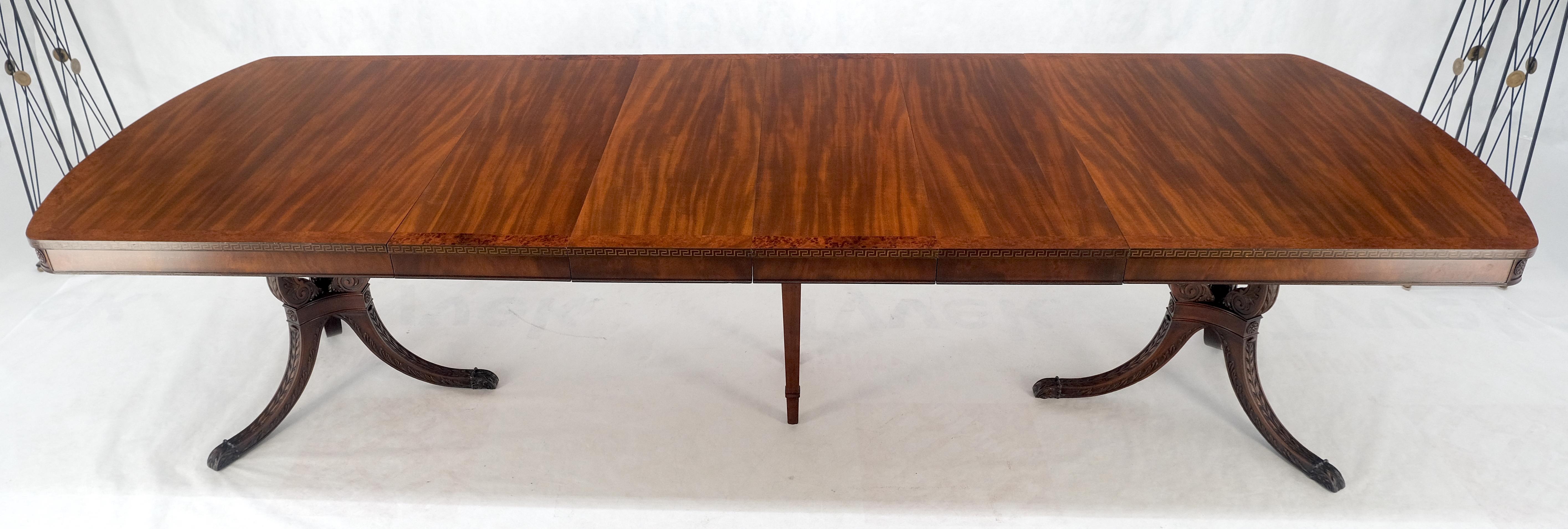 Double Pedestal Mahogany Burl Wood Banded 4 Leaves 10' Total Length Dining Table en vente 9
