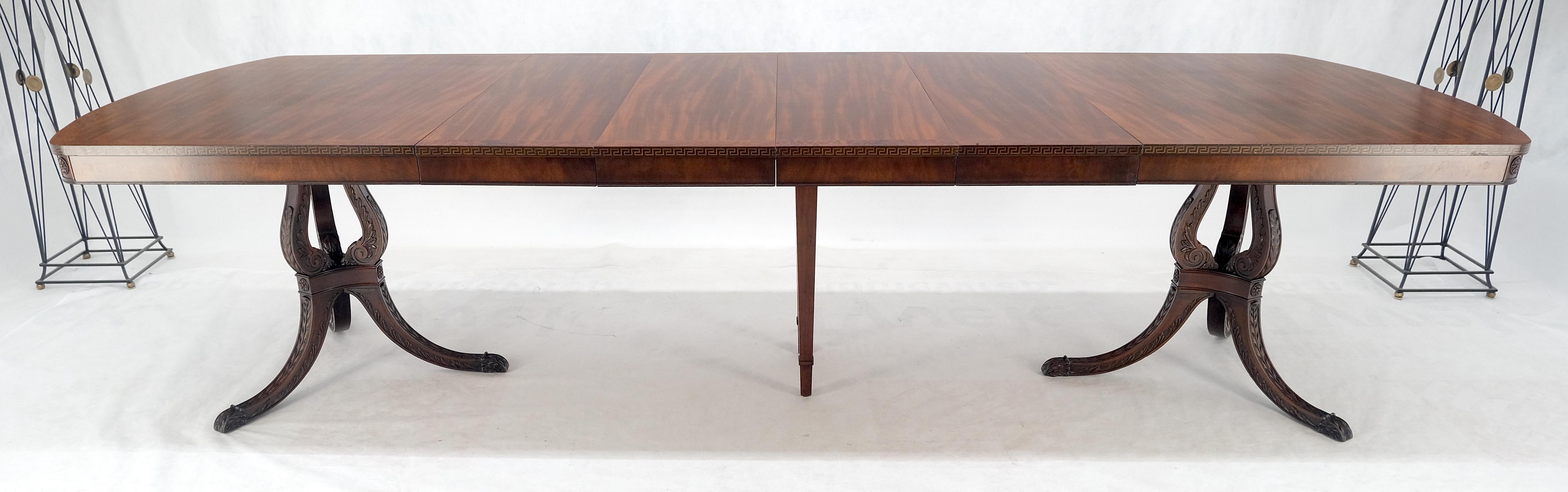 Double Pedestal Mahogany Burl Wood Banded 4 Leaves 10' Total Length Dining Table en vente 10