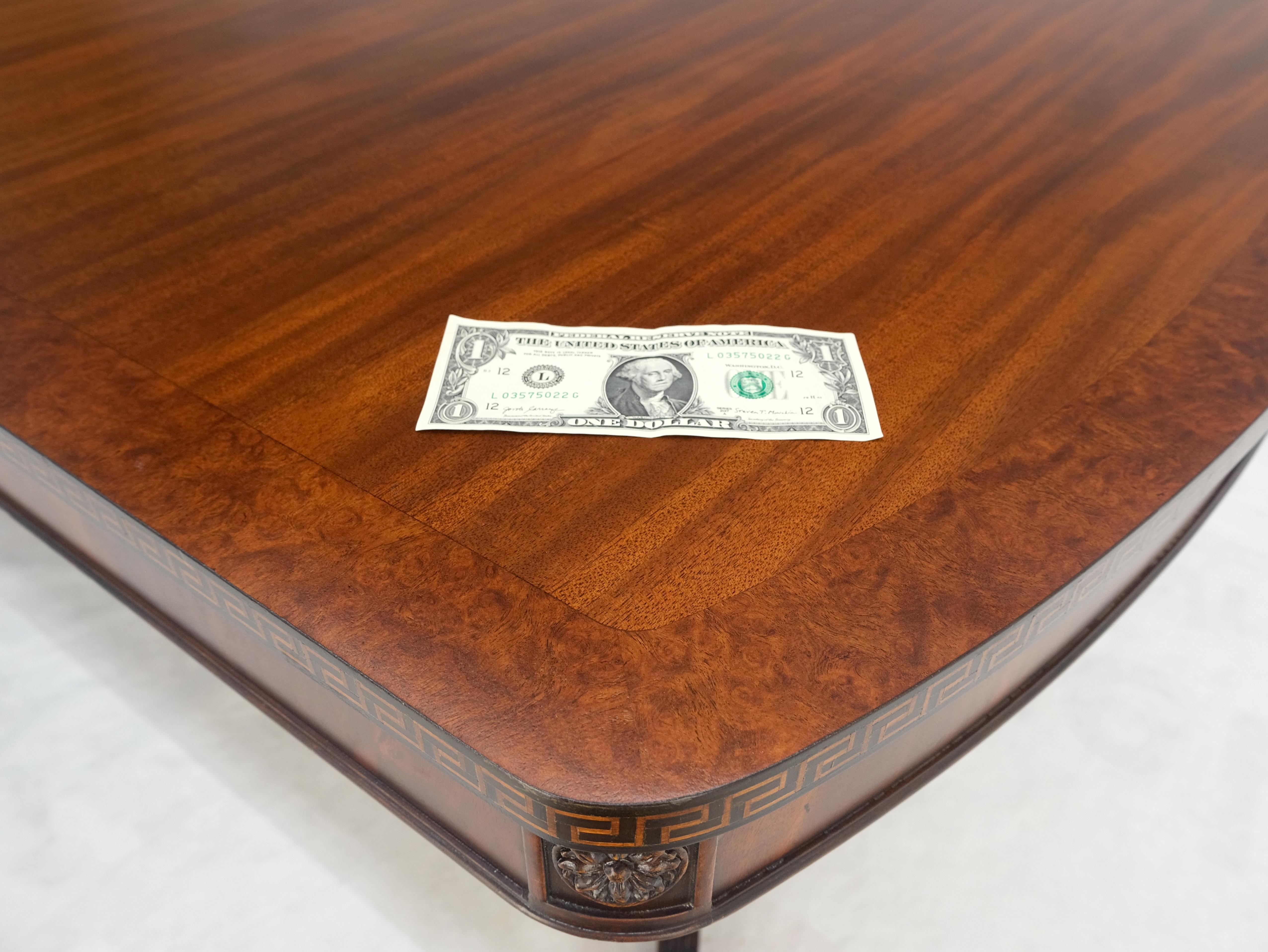 Double Pedestal Mahogany Burl Wood Banded 4 Leaves 10' Total Length Dining Table en vente 11