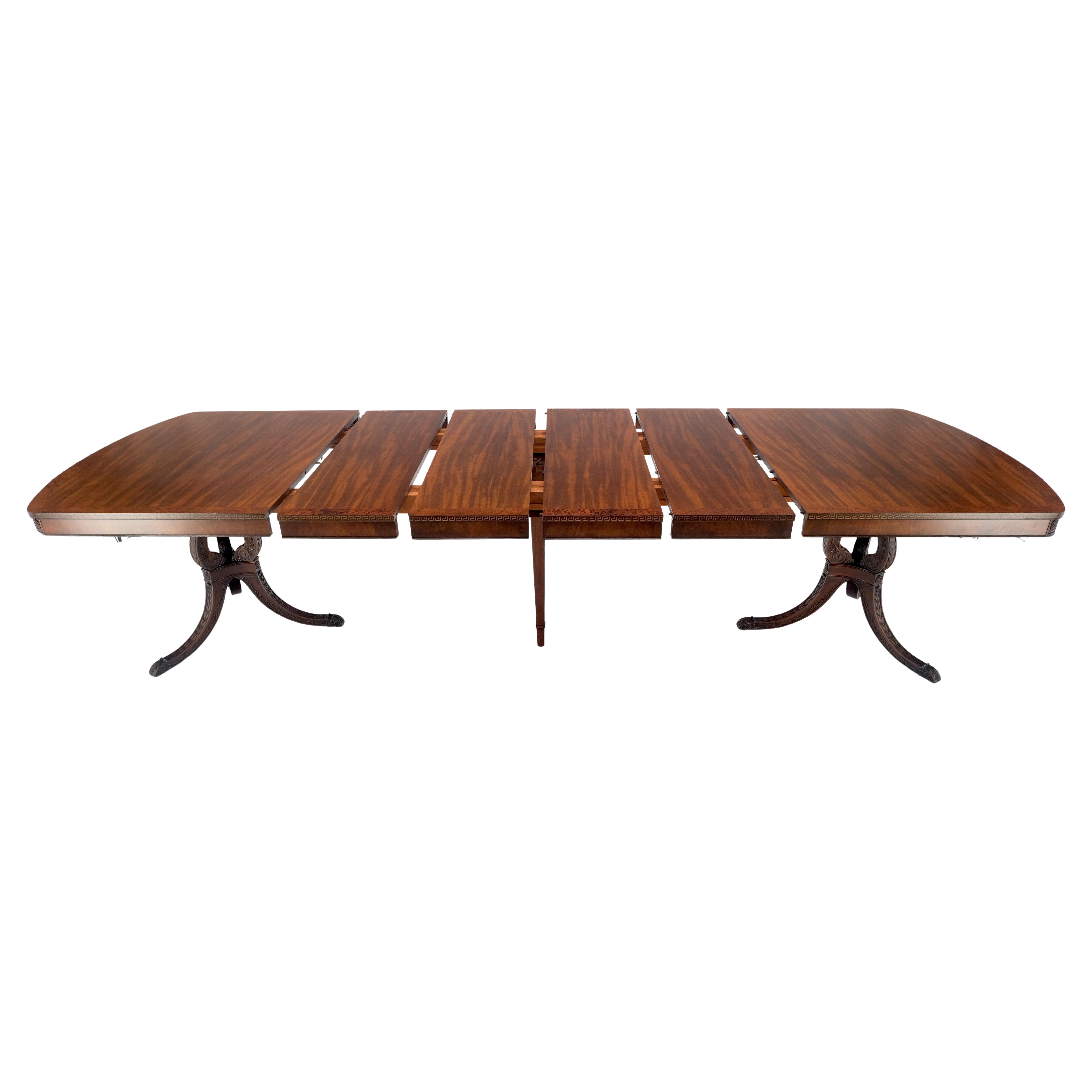 Double Pedestal Mahogany Burl Wood Banded 4 Leaves 10' Total Length Dining Table