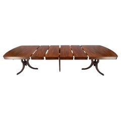 Double Pedestal Mahogany Burl Wood Banded 4 Leaves 10' Total Length Dining Table