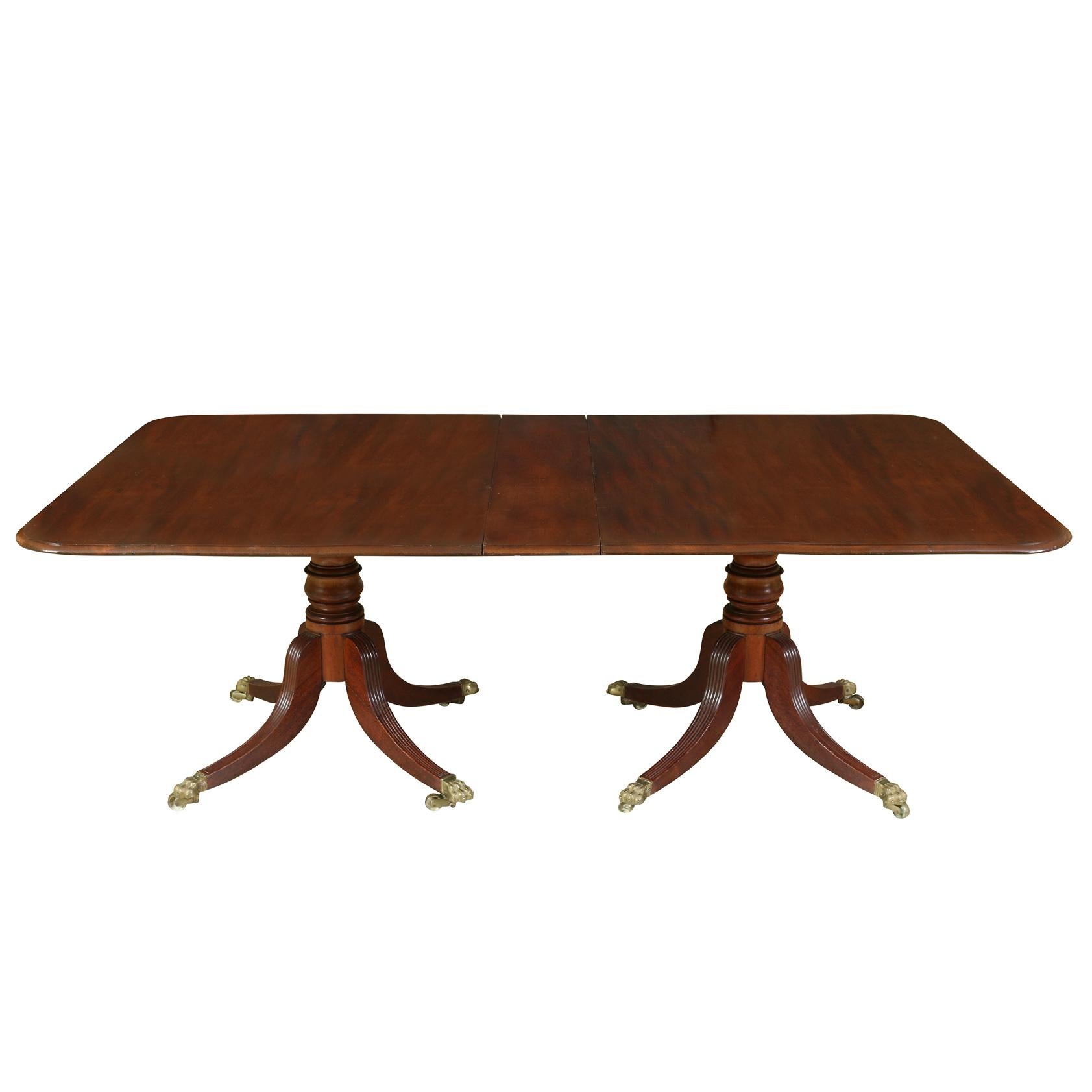 Double Pedestal Polished Mahogany Dining Table With Multiple Leaves For Sale 1