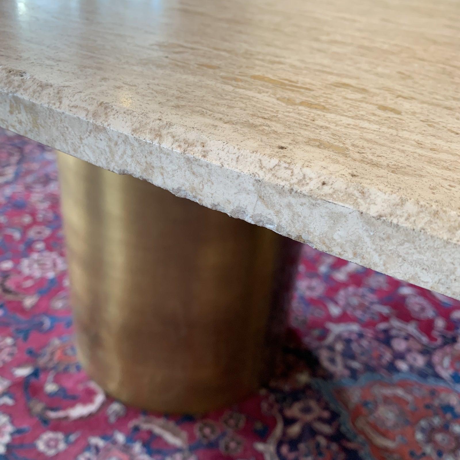 Double Pedestal Travertine and Brass Dining Room Table For Sale 3