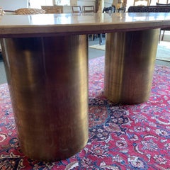 Double Pedestal Travertine and Brass Dining Room Table