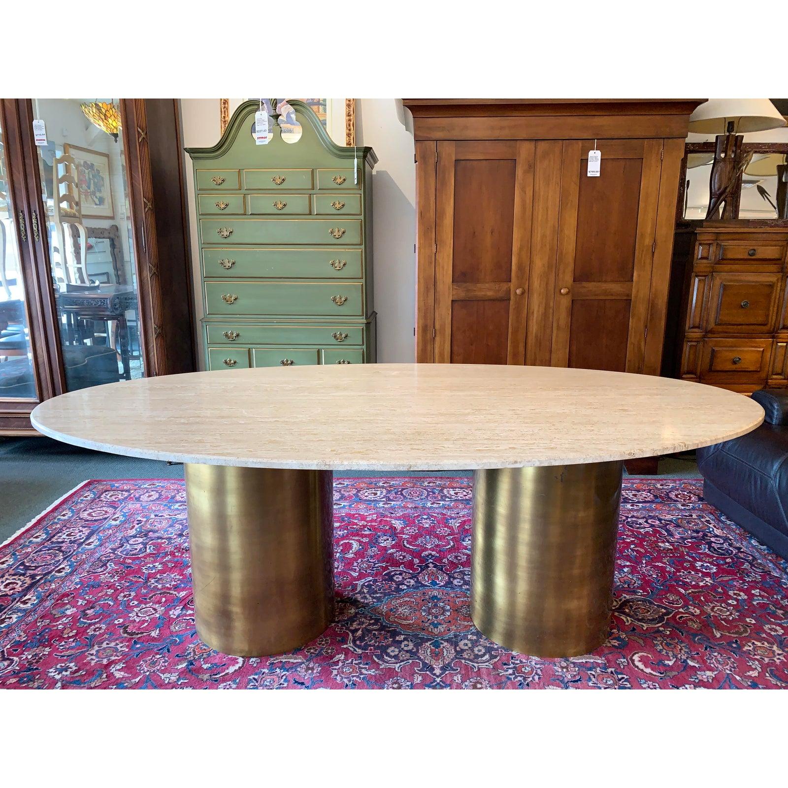 Mid-Century Modern Double Pedestal Travertine and Brass Dining Room Table For Sale