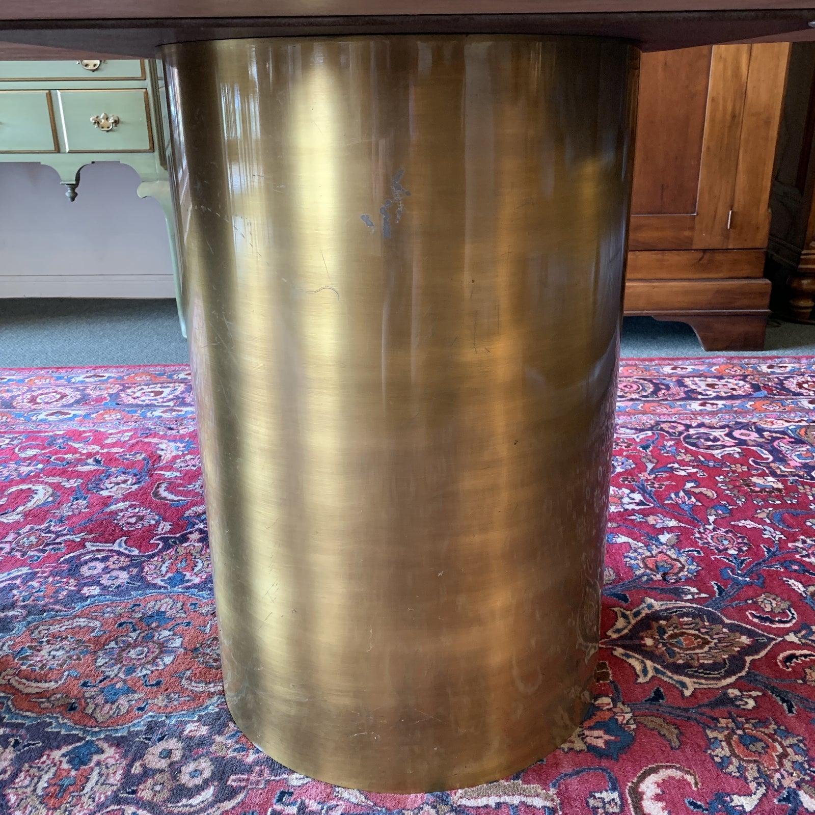 Double Pedestal Travertine and Brass Dining Room Table In Good Condition For Sale In San Francisco, CA