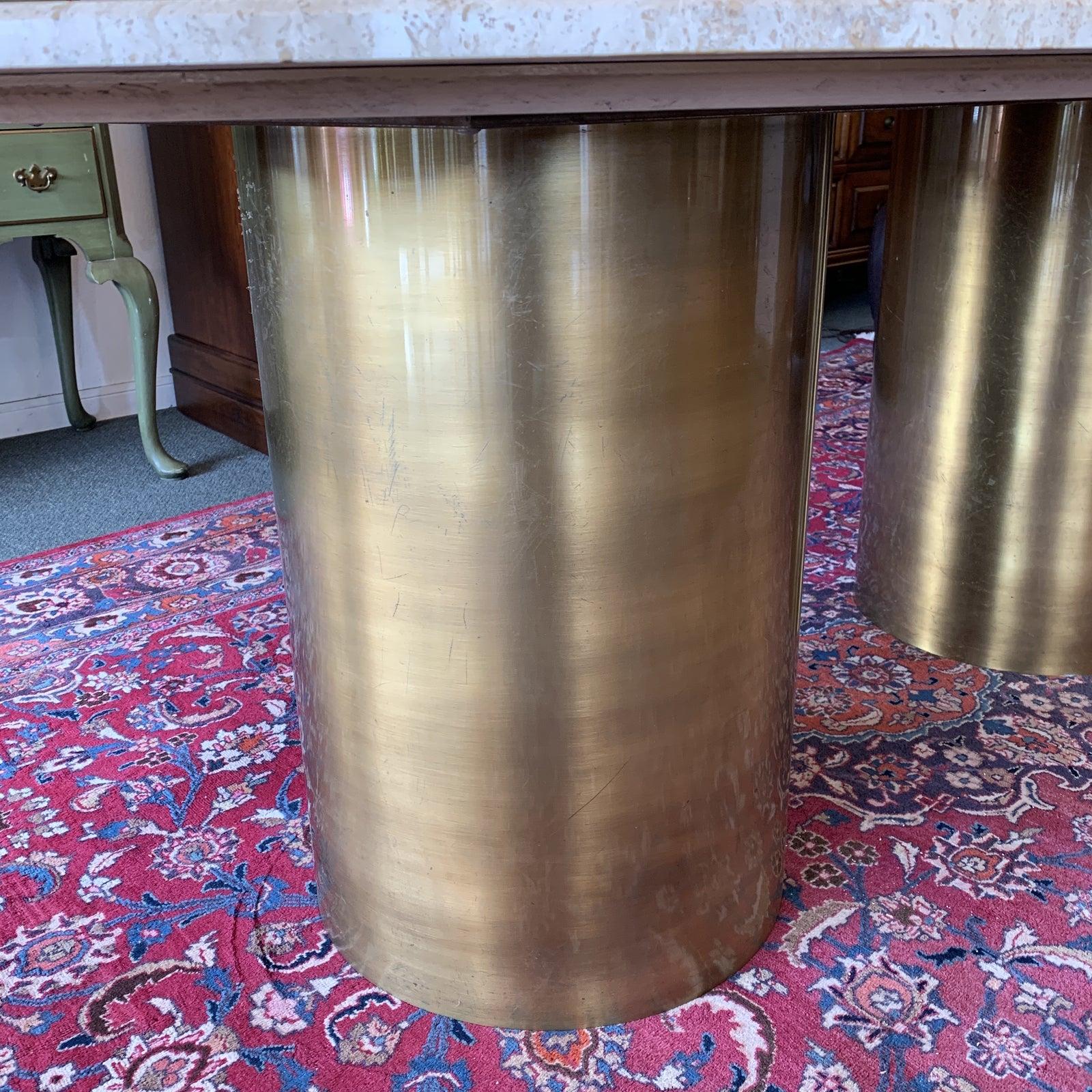 Double Pedestal Travertine and Brass Dining Room Table For Sale 2