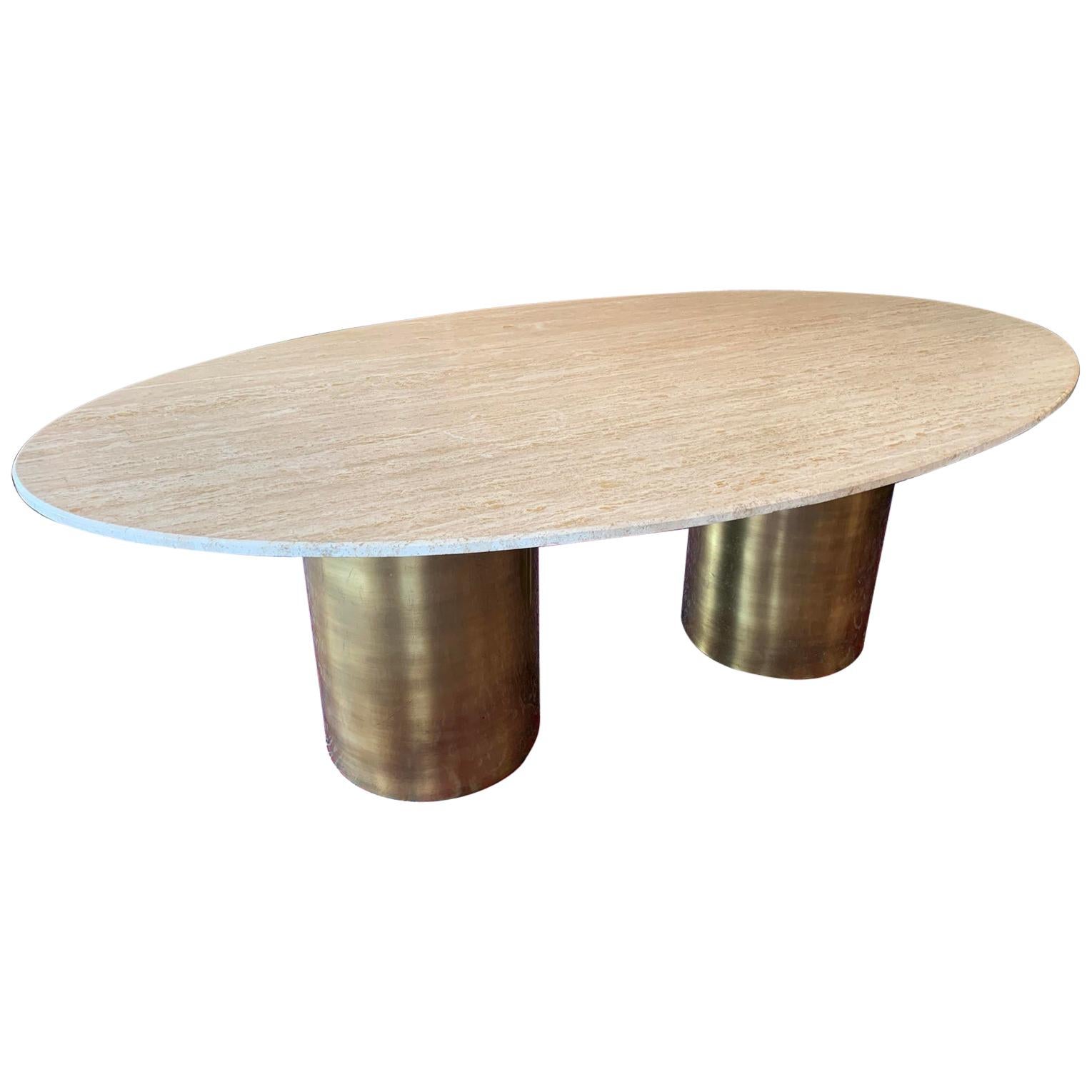 Double Pedestal Travertine and Brass Dining Room Table For Sale