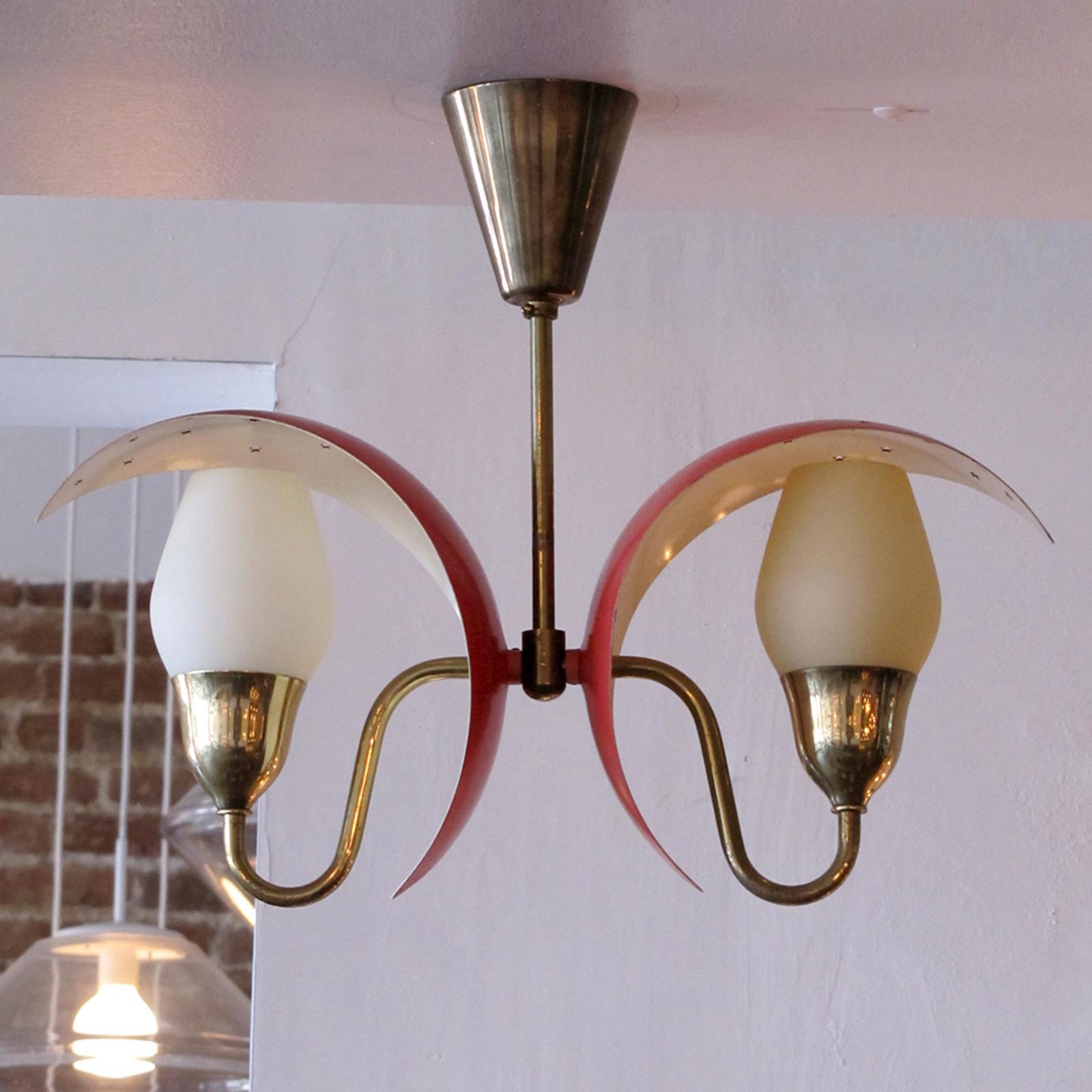 Wonderful Danish double arm brass chandelier by Bent Karlby for Fog & Mørup, with frosted tulip shades under red 