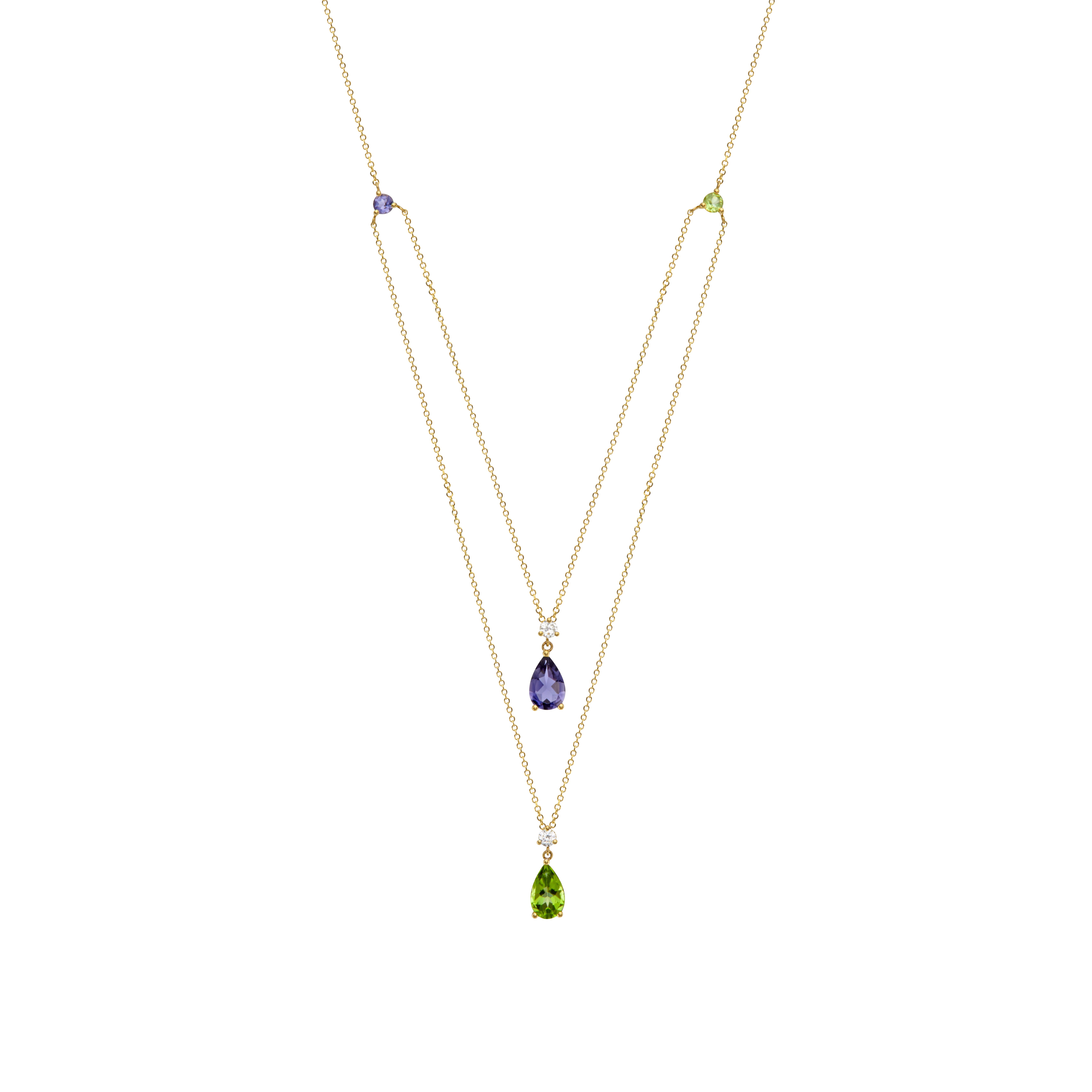 Contemporary Double Pendant Necklace in 18Kt Yellow Gold with Peridot Iolite and Diamonds For Sale