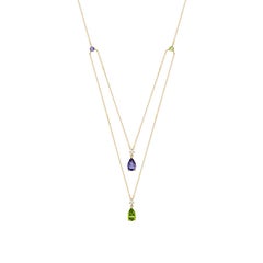 Doppelter Anhänger-Halskette aus 18 Karat Gelbgold mit Peridot Iolith und Diamanten