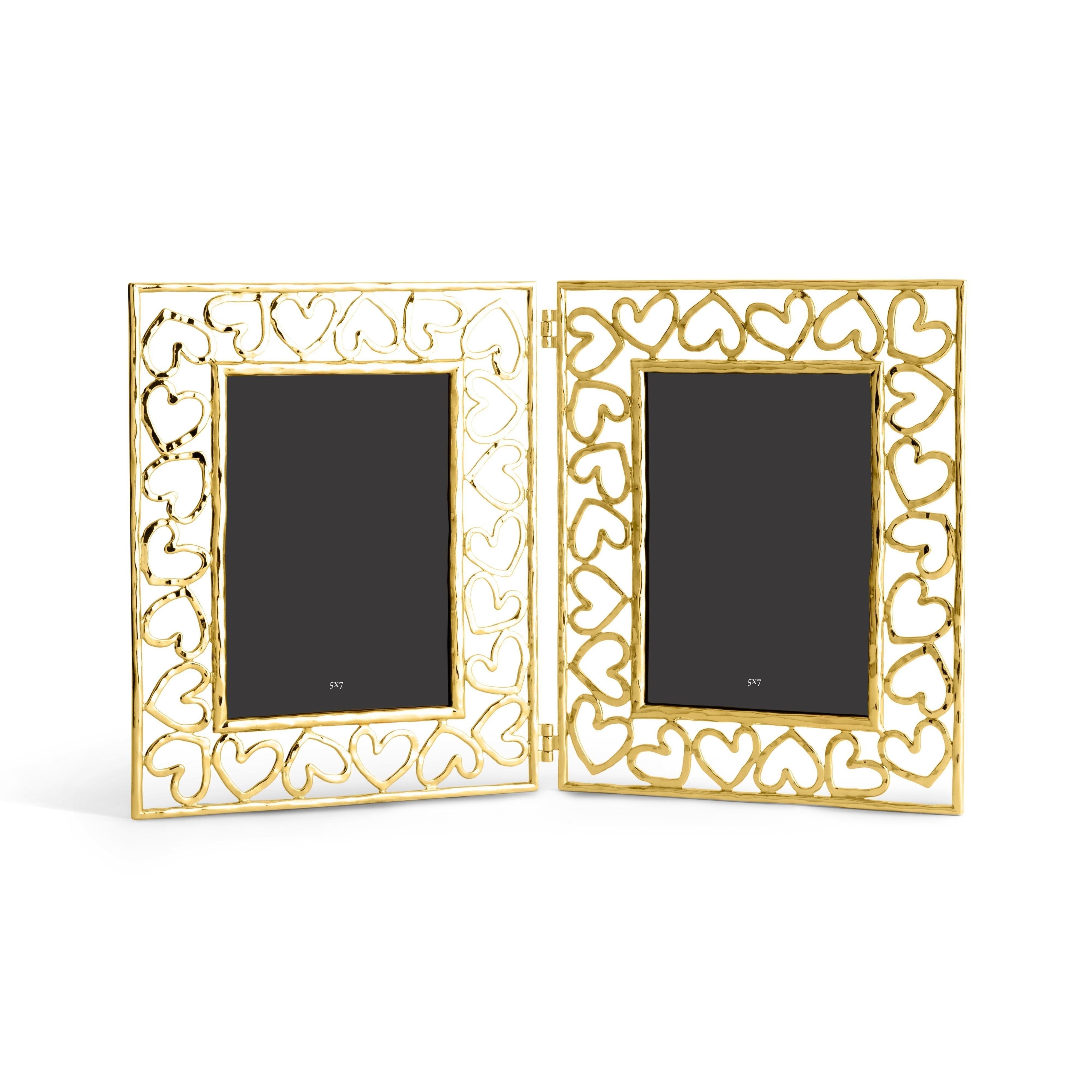 Marco de fotos doble con diseño de corazón, en metal dorado, tamaño grande Model No. Francés en venta