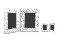 Cadre photo double avec motif de cœur, métal argenté, grand modèle.