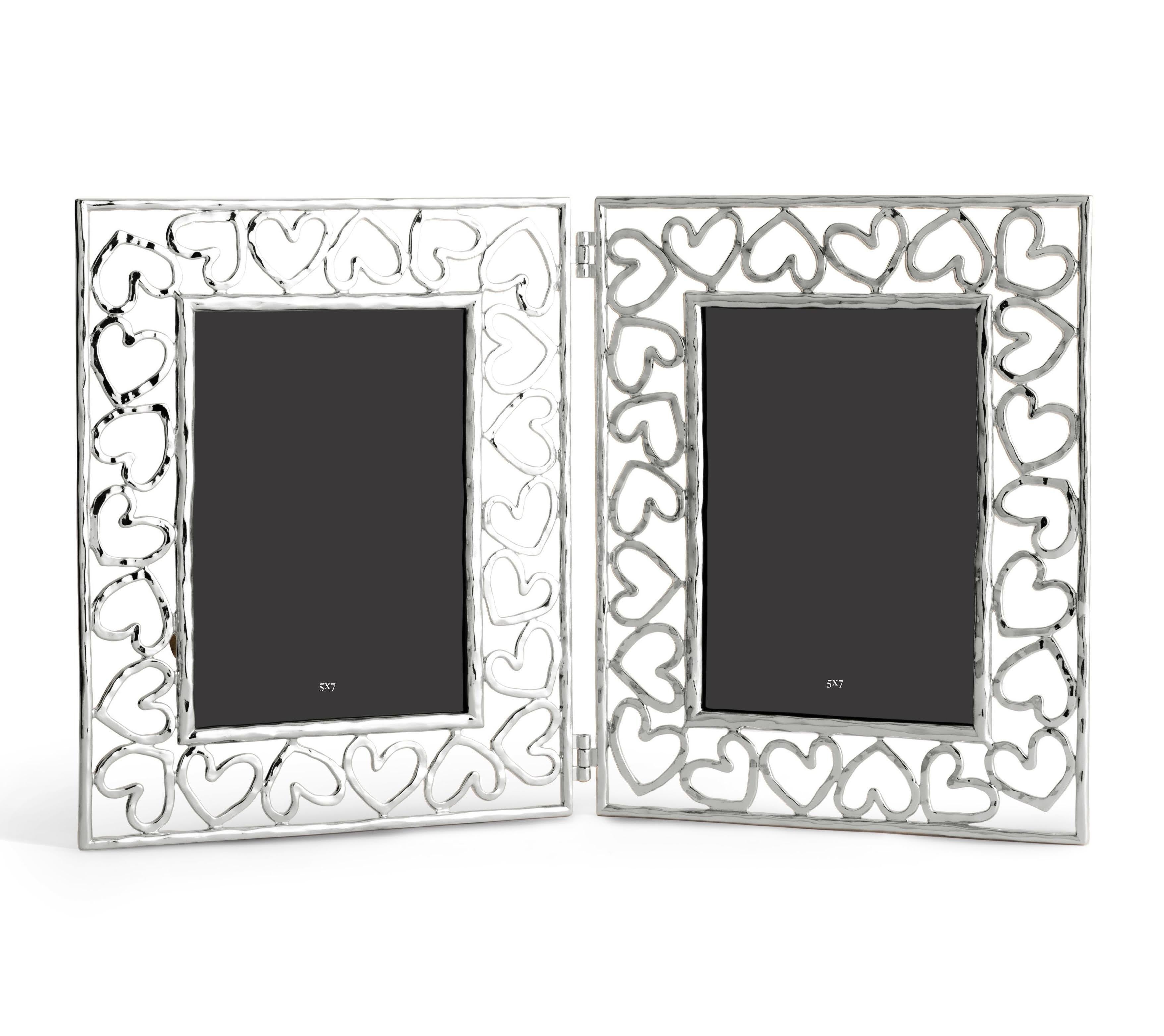 Modern Double Photo Frame with Heart Design, Silver Metal, Large Model. For Sale