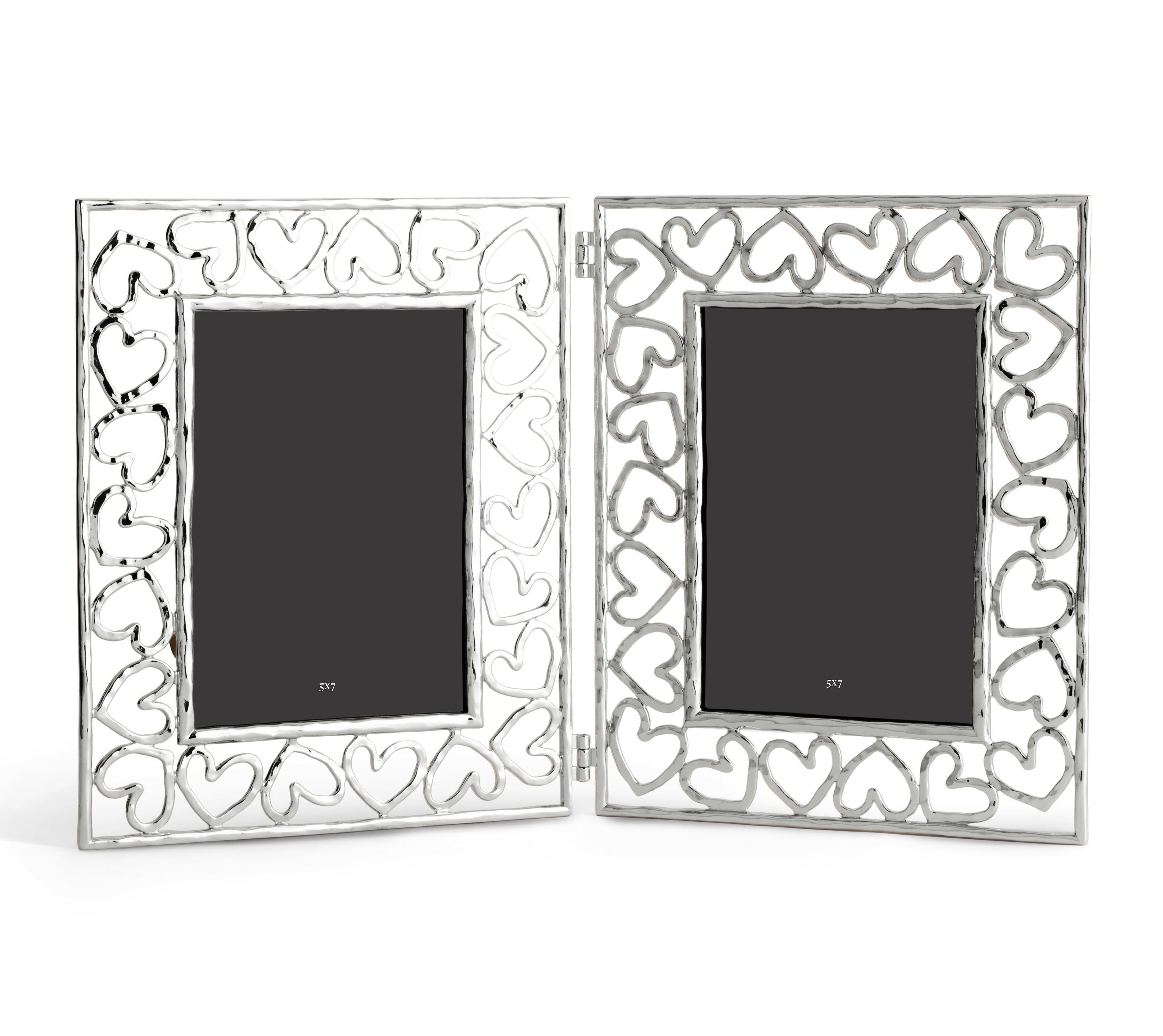French Double Photo Frame with Heart Design, Silver Metal, Large Model. For Sale