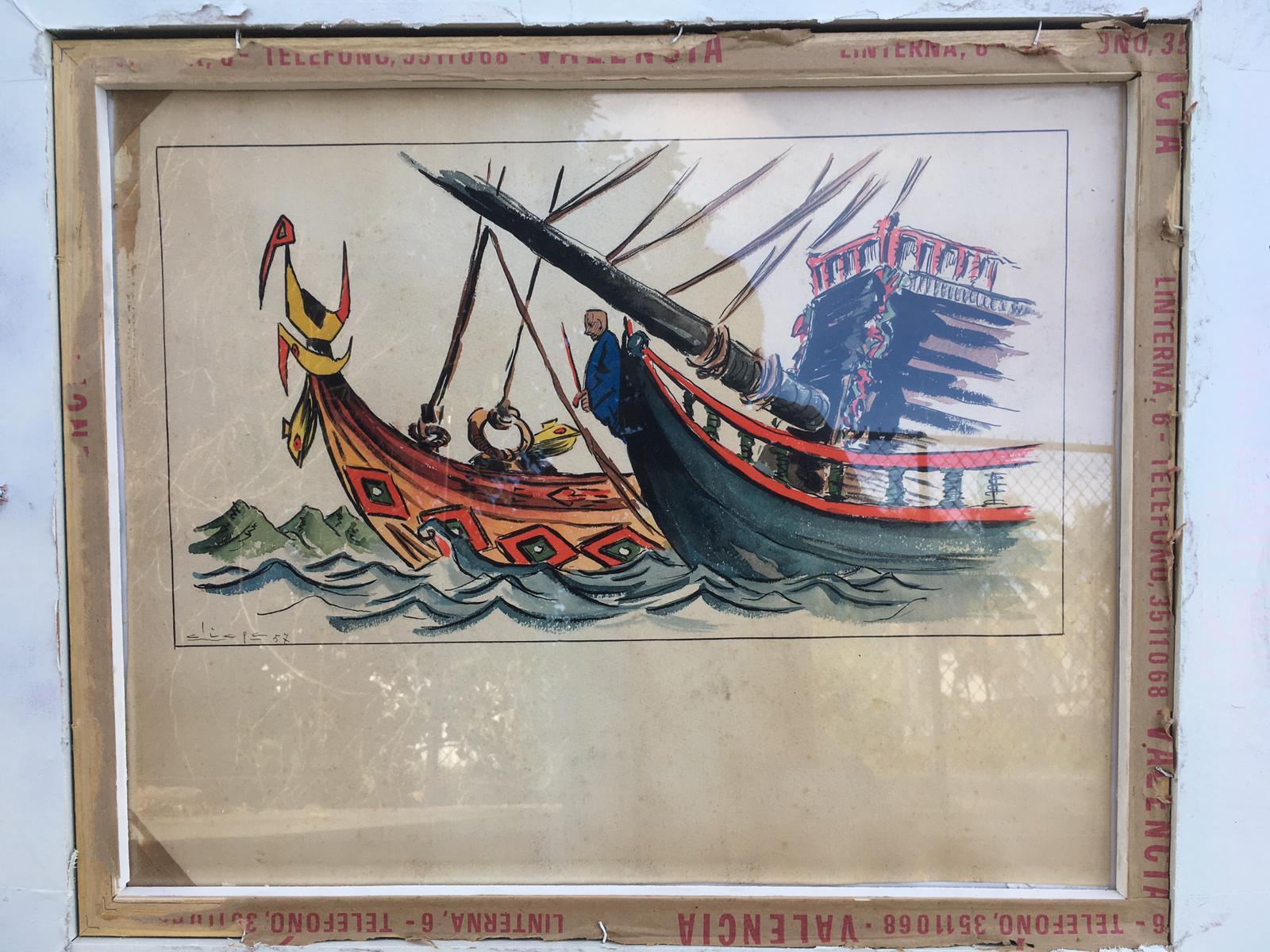 Double Picture Horse Front and Boat Back Spanish, 1958 Aliaga, Spain For Sale 1