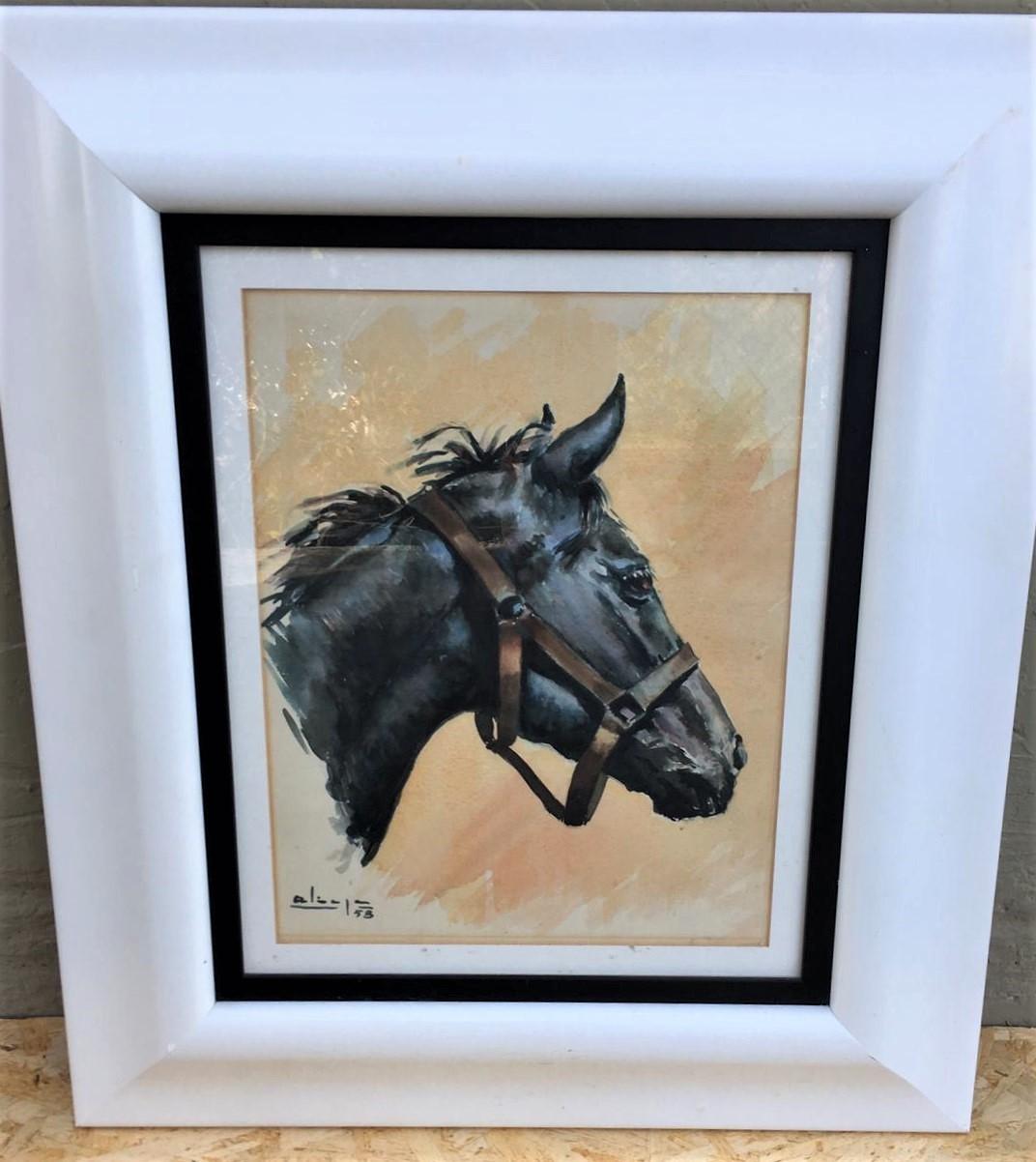 Spanish horse portrait, 1958
Curious painting in front and back and signed in both sides.

Beautiful horse portrait by Aliaga, circa 1958, Spain. 

Canvas measures: H 21 in x W 17 in x D 1 in
Frame dimensions 26.0