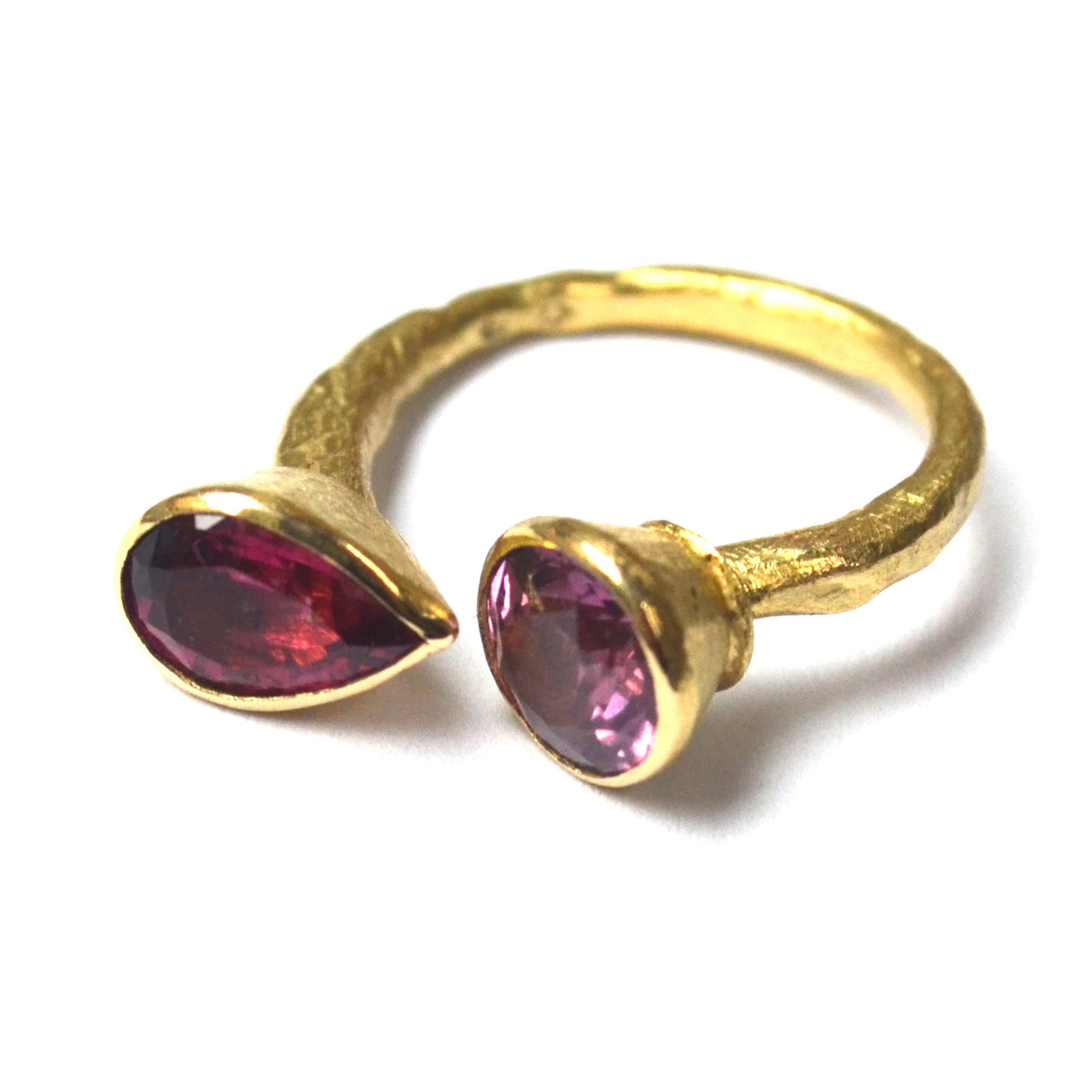 Contemporary Double Pink Tourmaline 18 Karat Gold Ring Handmade by Disa Allsopp For Sale