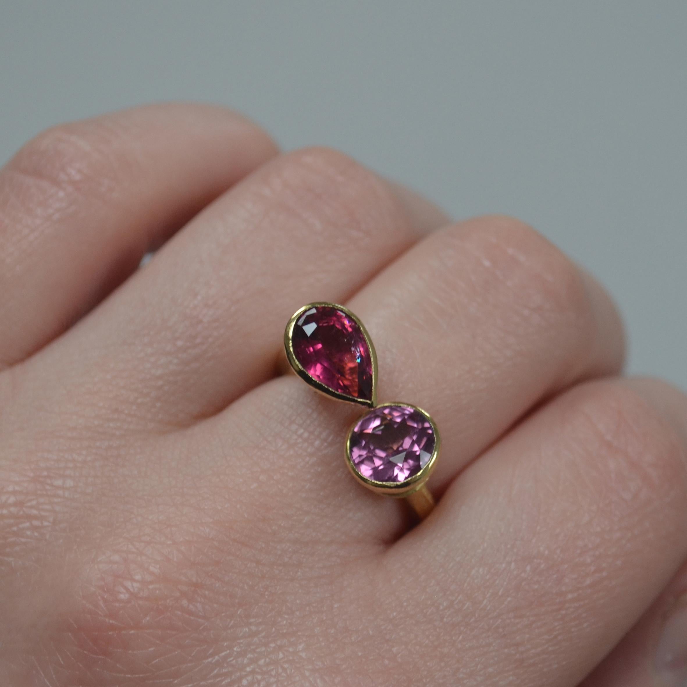 Pear Cut Double Pink Tourmaline 18 Karat Gold Ring Handmade by Disa Allsopp For Sale
