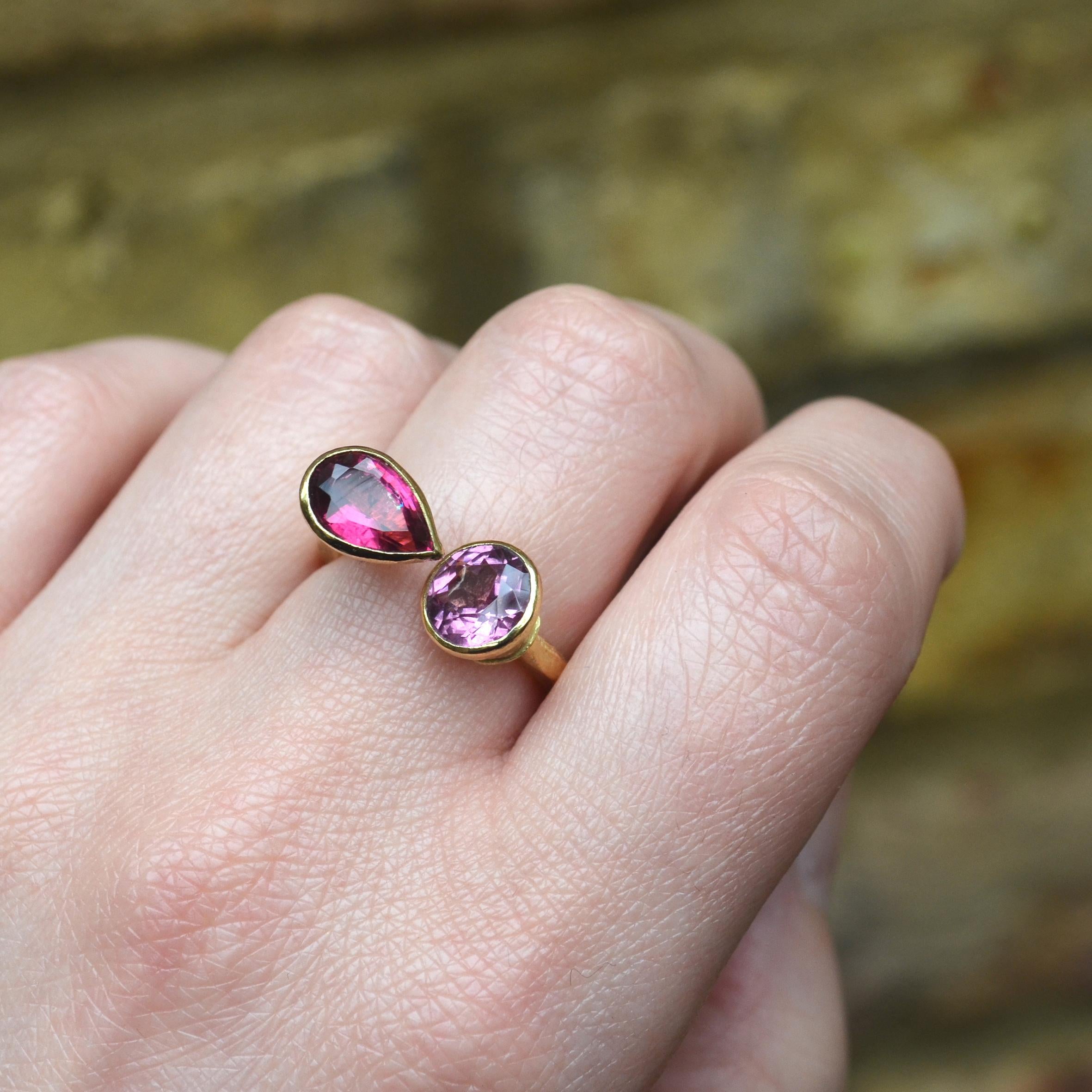 Double Pink Tourmaline 18 Karat Gold Ring Handmade by Disa Allsopp In New Condition For Sale In London, GB