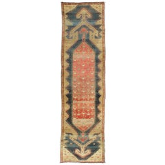 Double-Pointed Arrow Design Antique Persian Kurdish Runner in Red and Olive