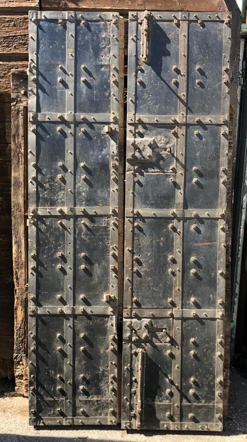 Hand-Crafted Double Prison Door in Wood and Iron, Nails & Bolts, 19th Century Italy For Sale