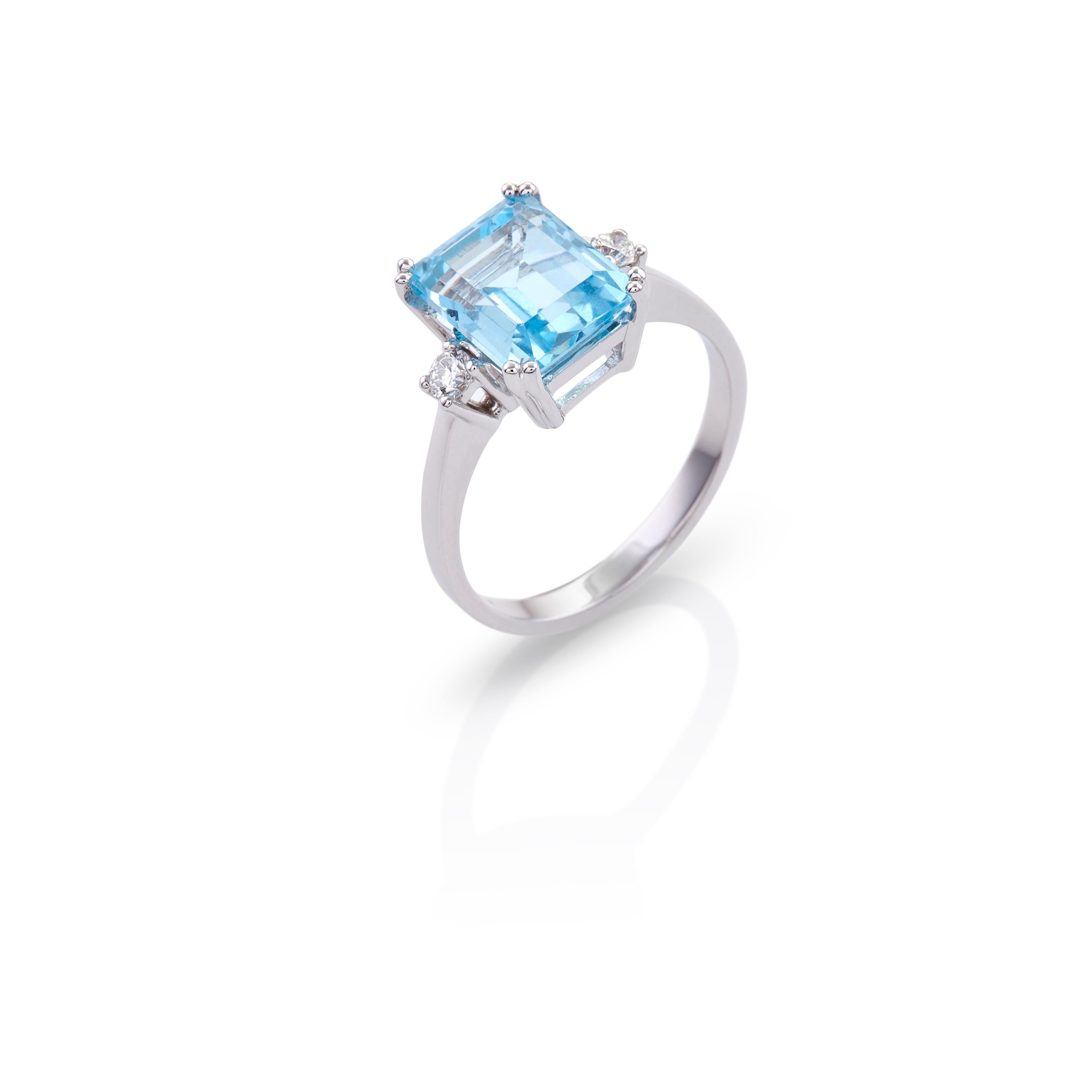 For Sale:  Double Prong Ring in 18Kt White Gold with Emerald Cut Blue Topaz and Diamonds 3