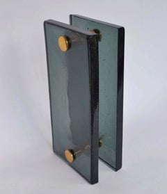 Double Push and Pull Glass 1960's Door Handle in Black Glass & Brass