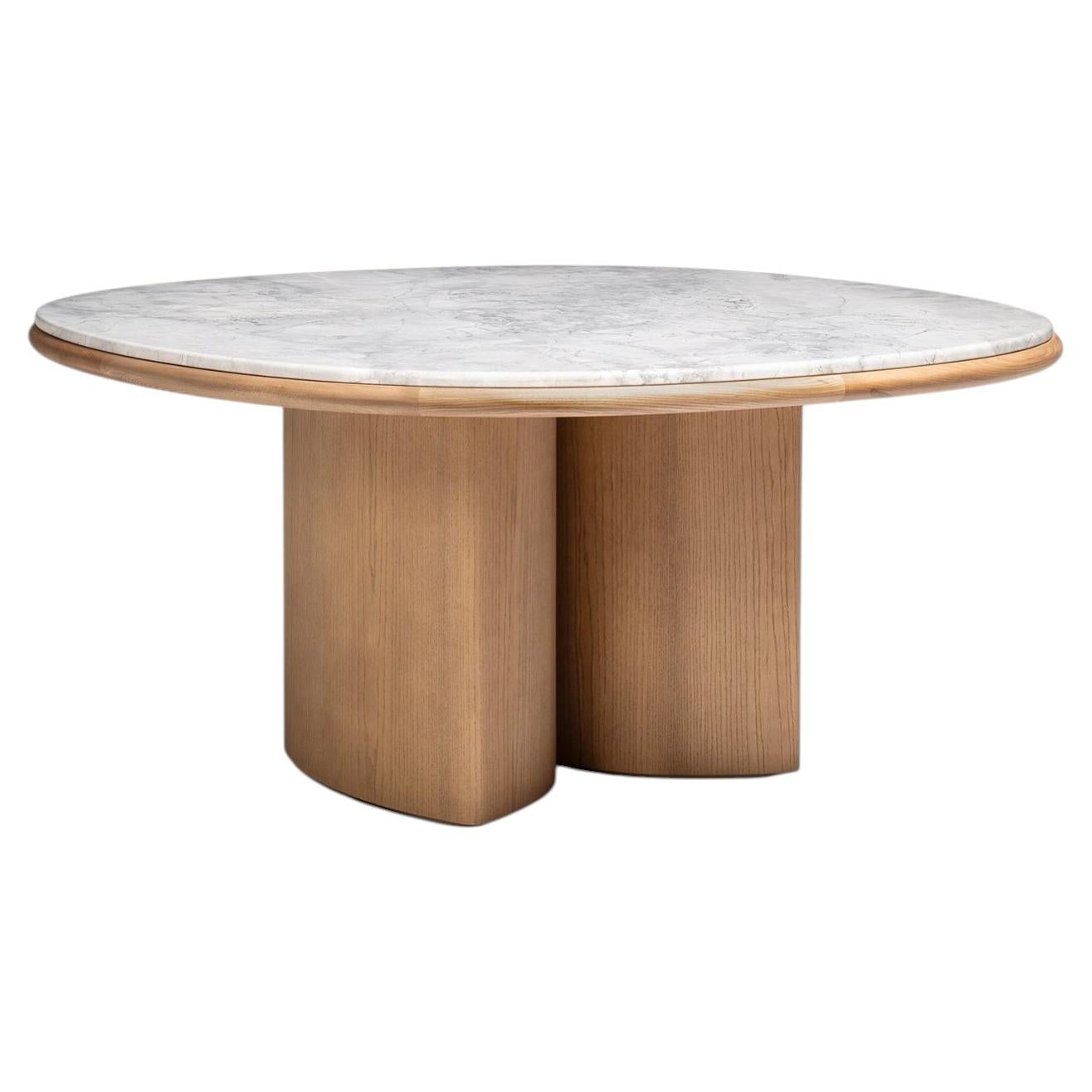 Double R Glossy Fango Finish Wood & White Carrara Marble Top Dining Table For Sale