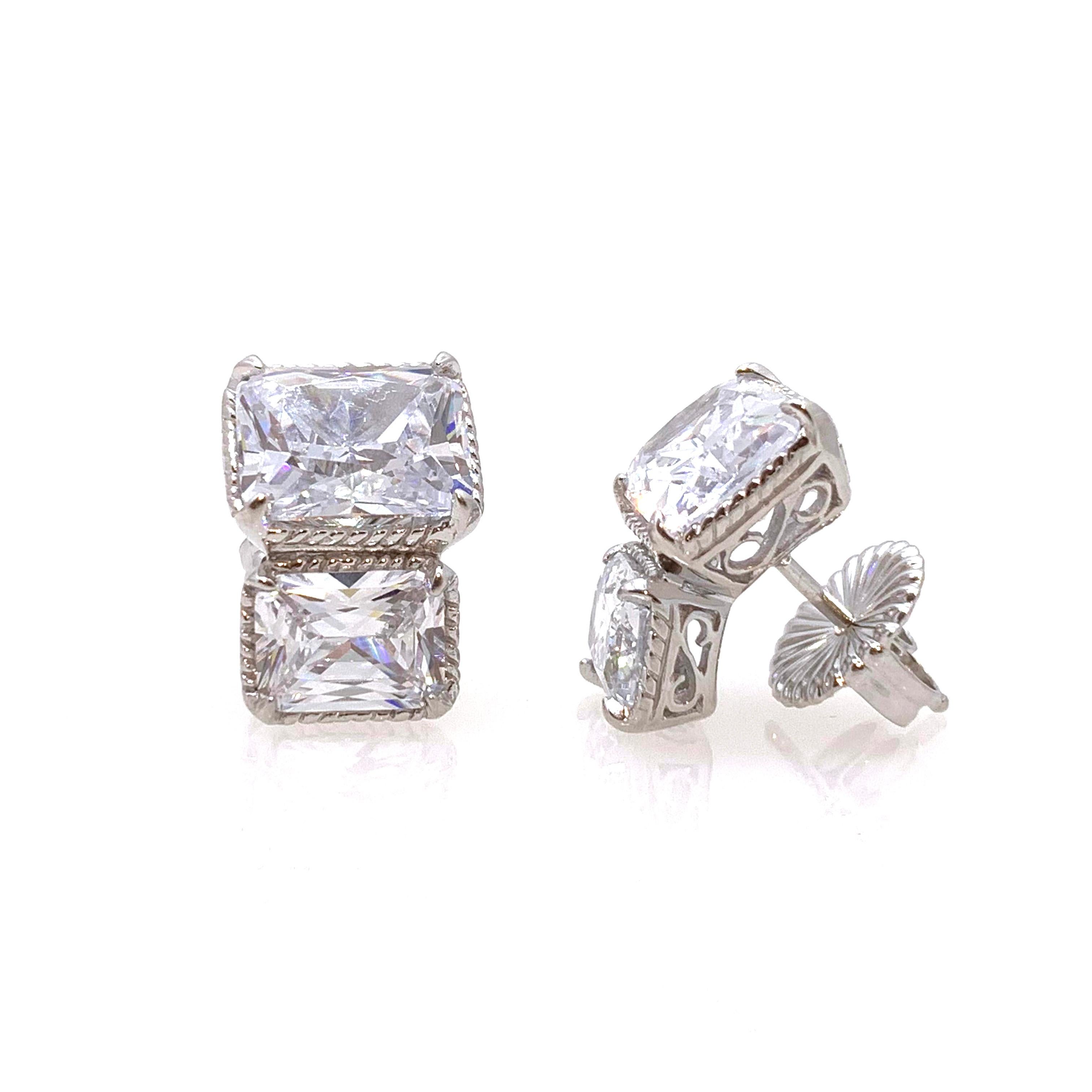 Women's Double Radiant-cut Simulated Diamond Stud Sterling Silver Earrings