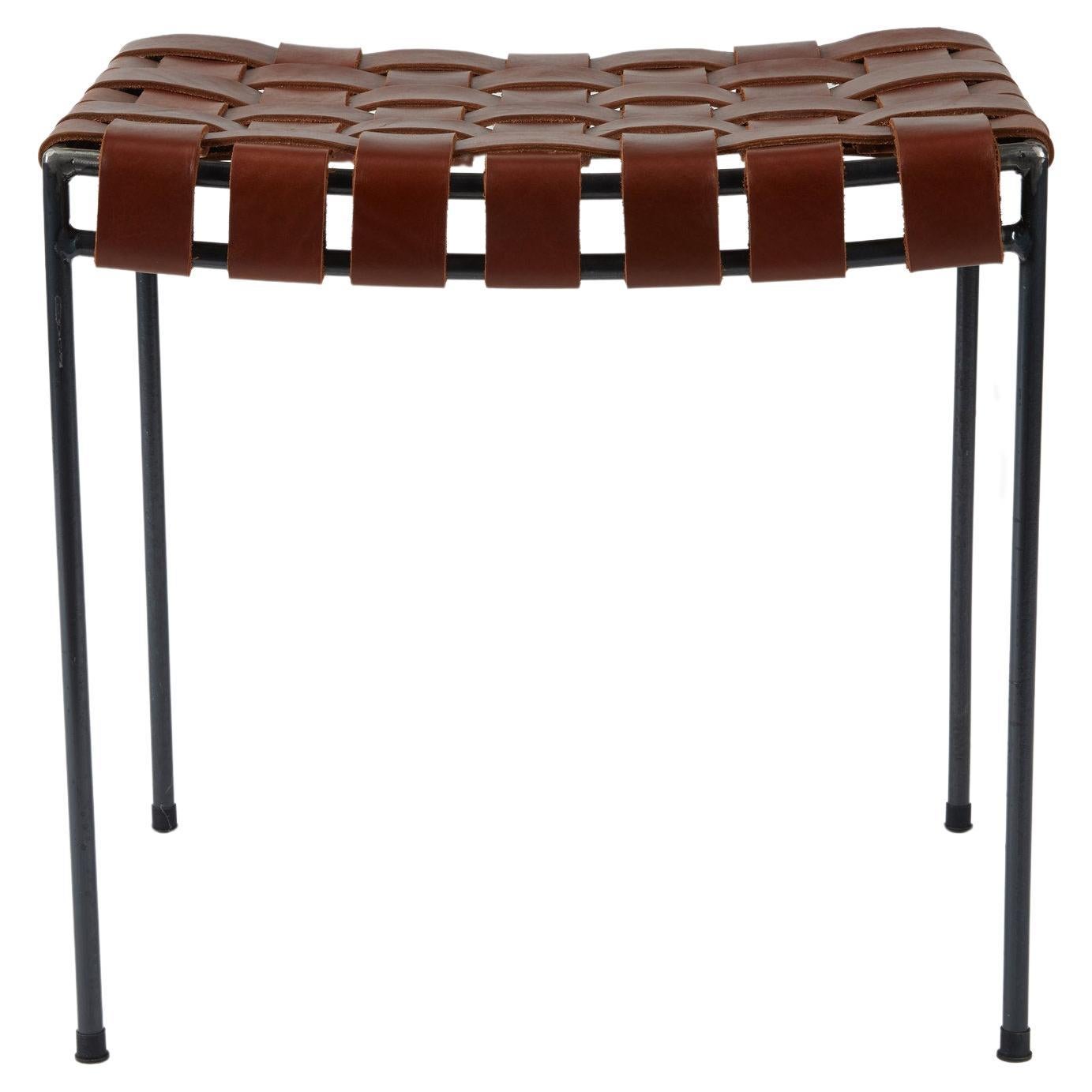 Double-Rail Woven Cognac Leather Stool