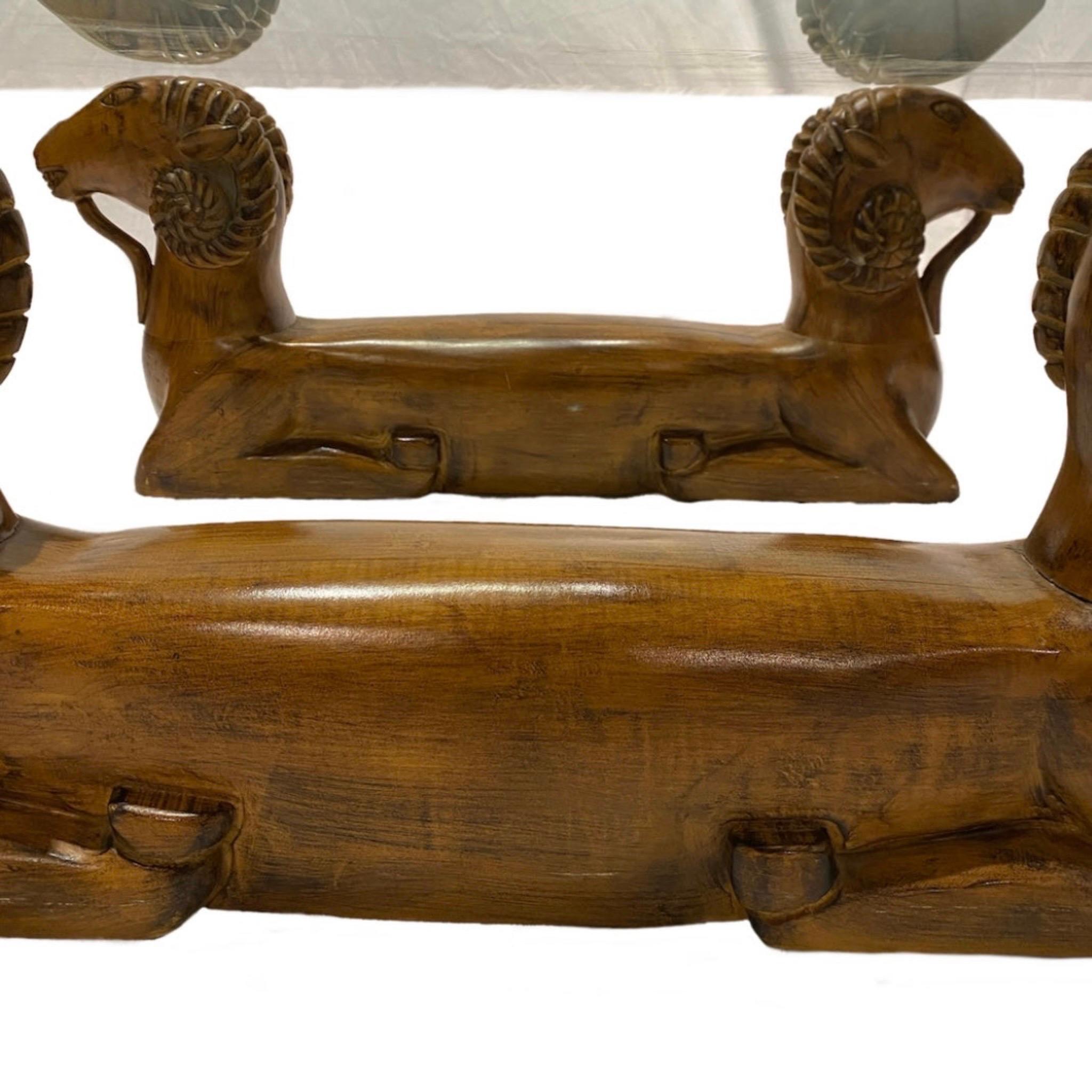 Carved Double Ram Head Wood Base Coffee Table For Sale