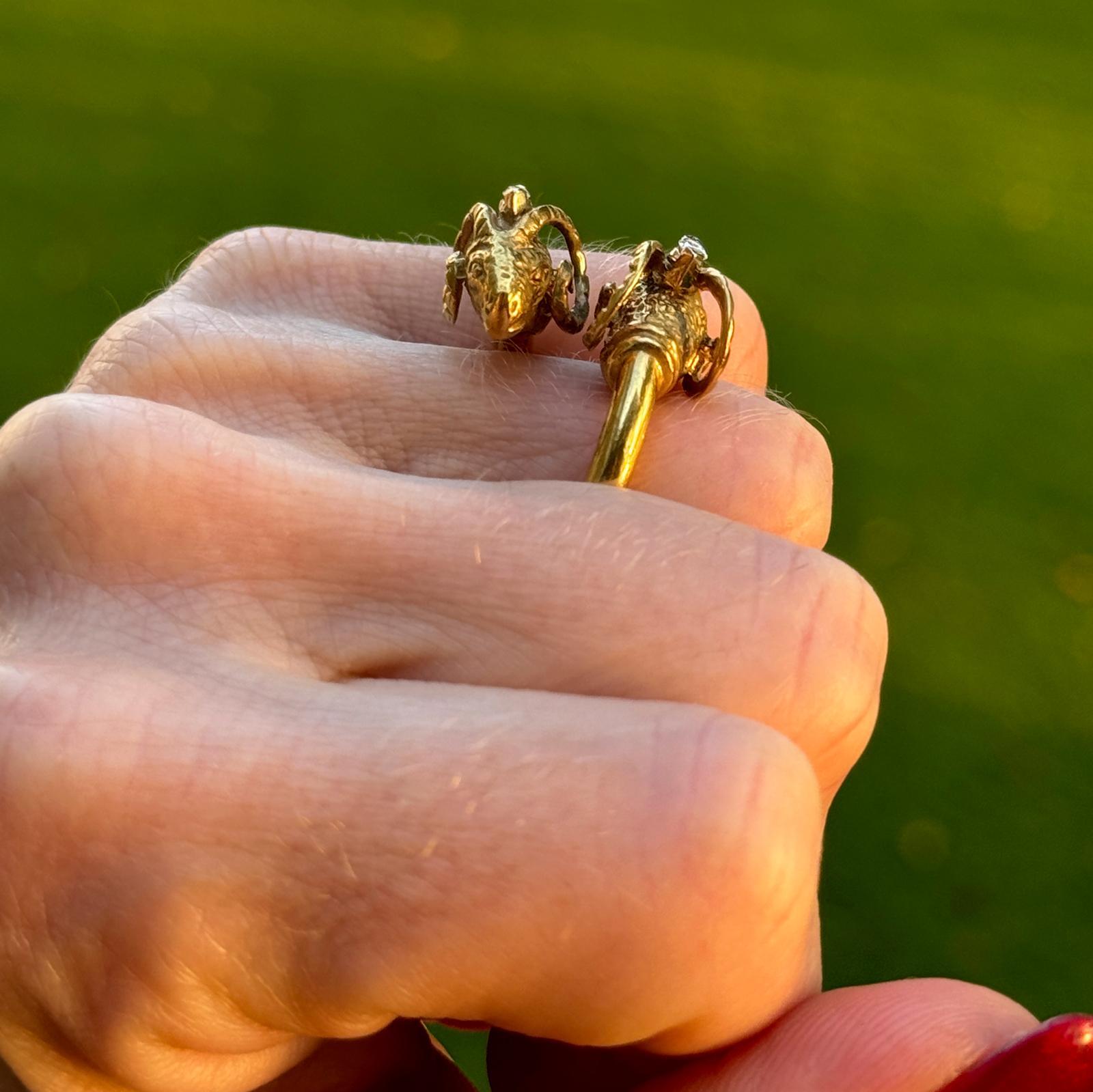 Marquise Cut Double Rams Head Diamond 18 Karat Yellow Gold Bypass Vintage Ring