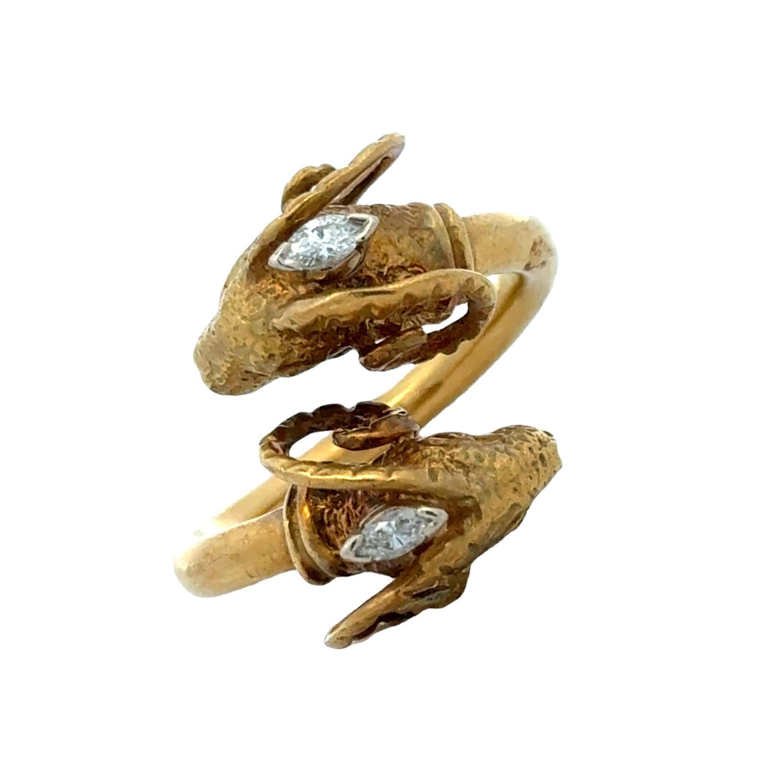 Double Rams Head Diamond 18 Karat Yellow Gold Bypass Vintage Ring In Good Condition In Boca Raton, FL