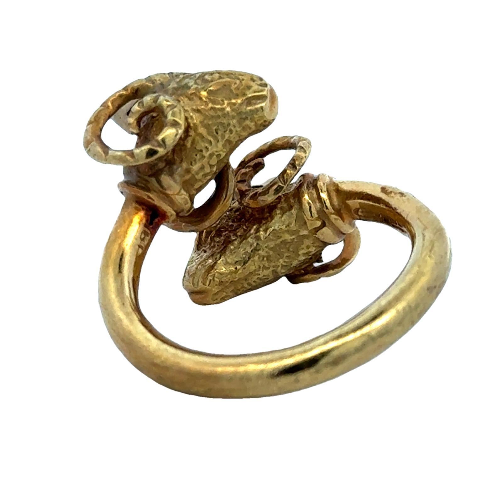 Women's Double Rams Head Diamond 18 Karat Yellow Gold Bypass Vintage Ring