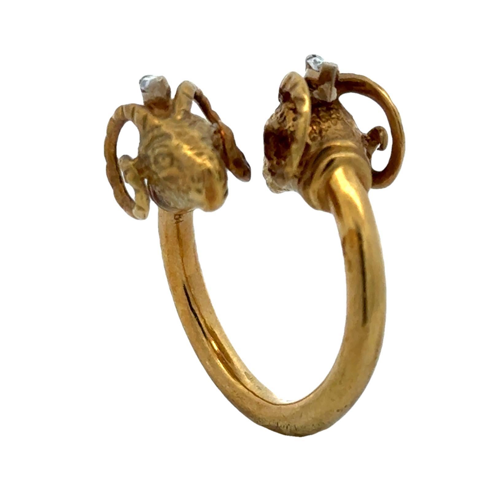 Double Rams Head Diamond 18 Karat Yellow Gold Bypass Vintage Ring 1