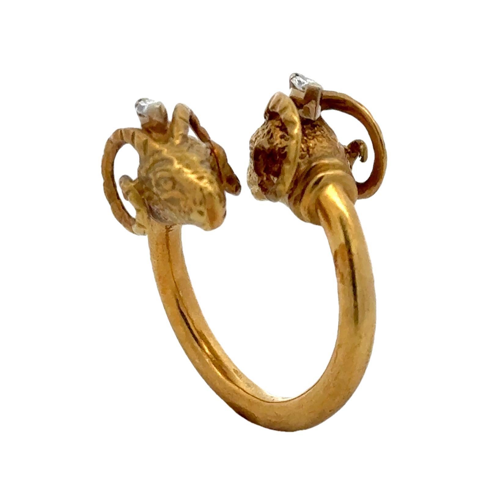 Double Rams Head Diamond 18 Karat Yellow Gold Bypass Vintage Ring 2