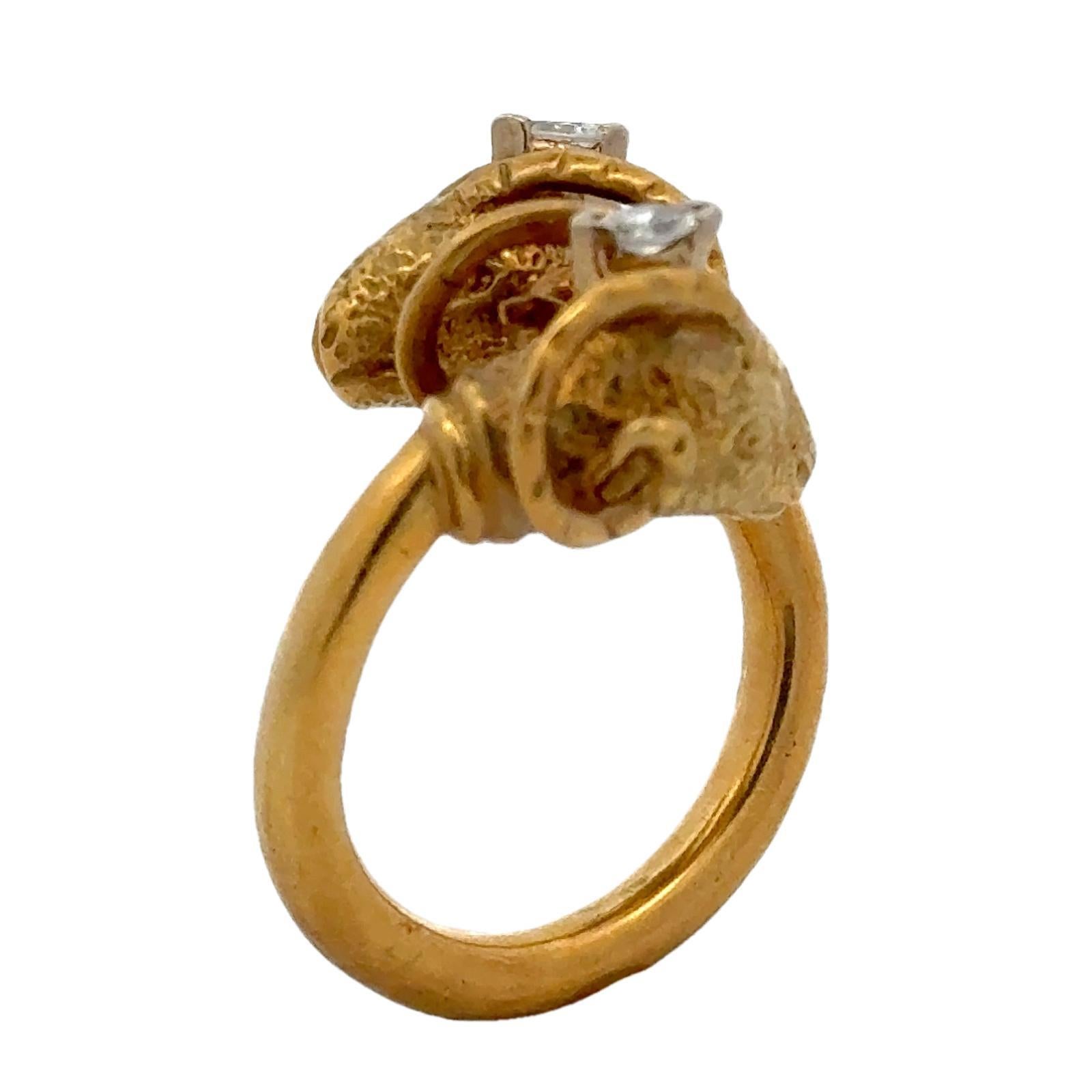Double Rams Head Diamond 18 Karat Yellow Gold Bypass Vintage Ring 3