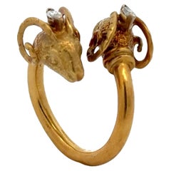 Double Rams Head Diamond 18 Karat Yellow Gold Bypass Vintage Ring