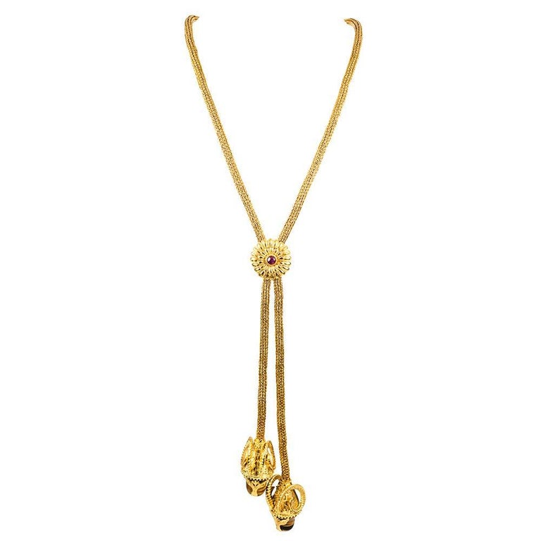 Double Ram’s Head Tiger Eye Lariat Necklace, Signed “Lalaounis” at 1stDibs
