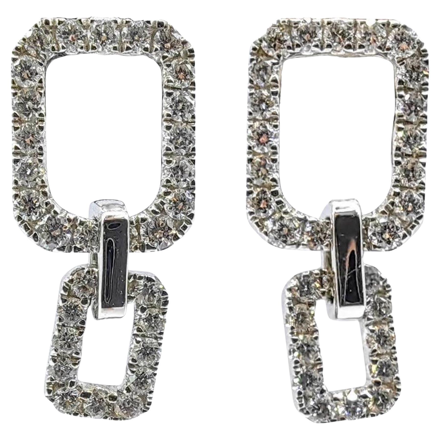 Bespoke Double Rectangle Link Round Cut Pavé Diamond Dangling Earrings 18K Gold