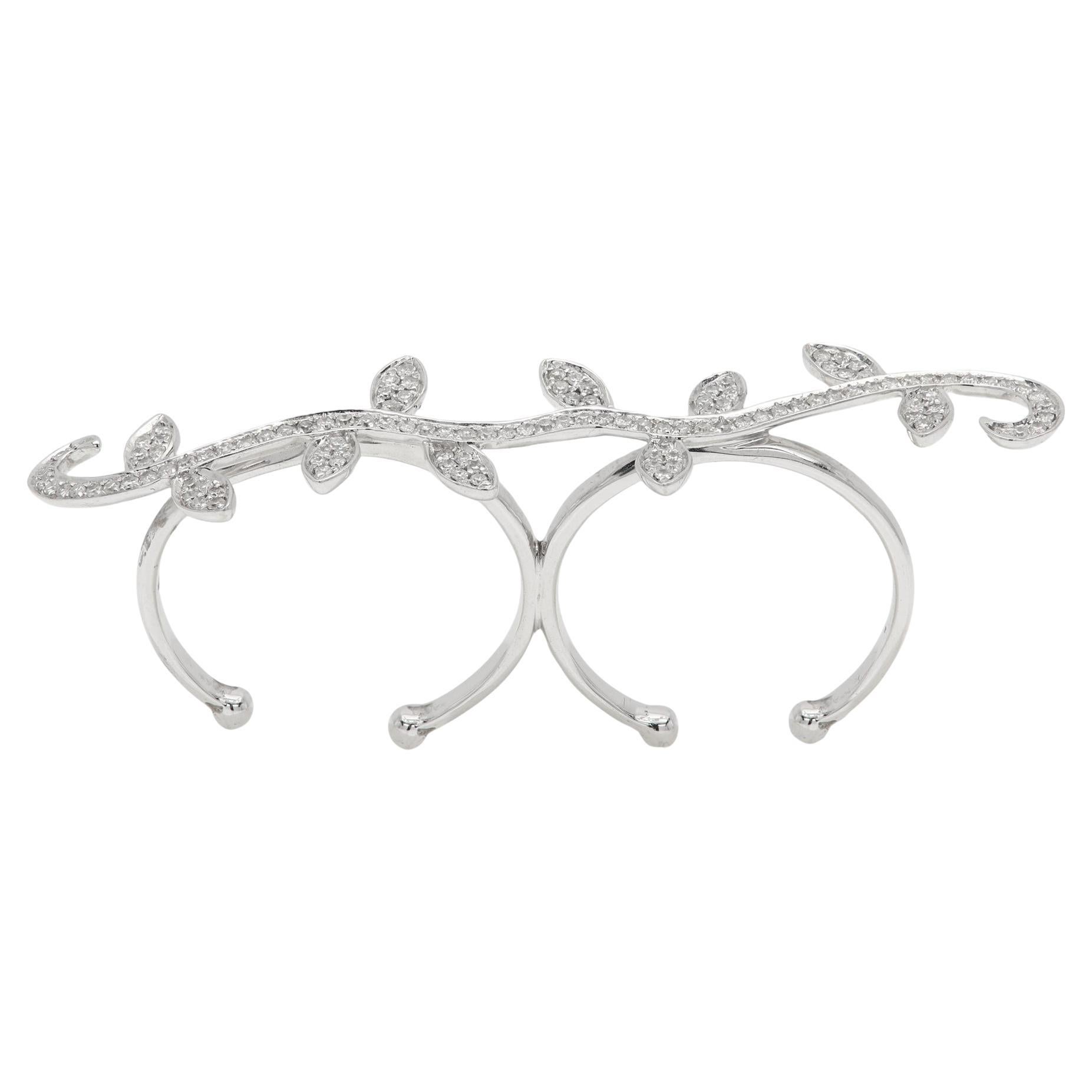 Doppio anello in oro 14 carati con diamanti naturali e disegno di foglie di fiori