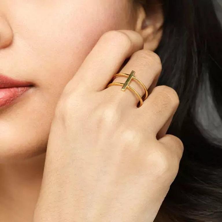 Women's Double Ring Gold Bar 14K Yellow Band Minimalist For Sale
