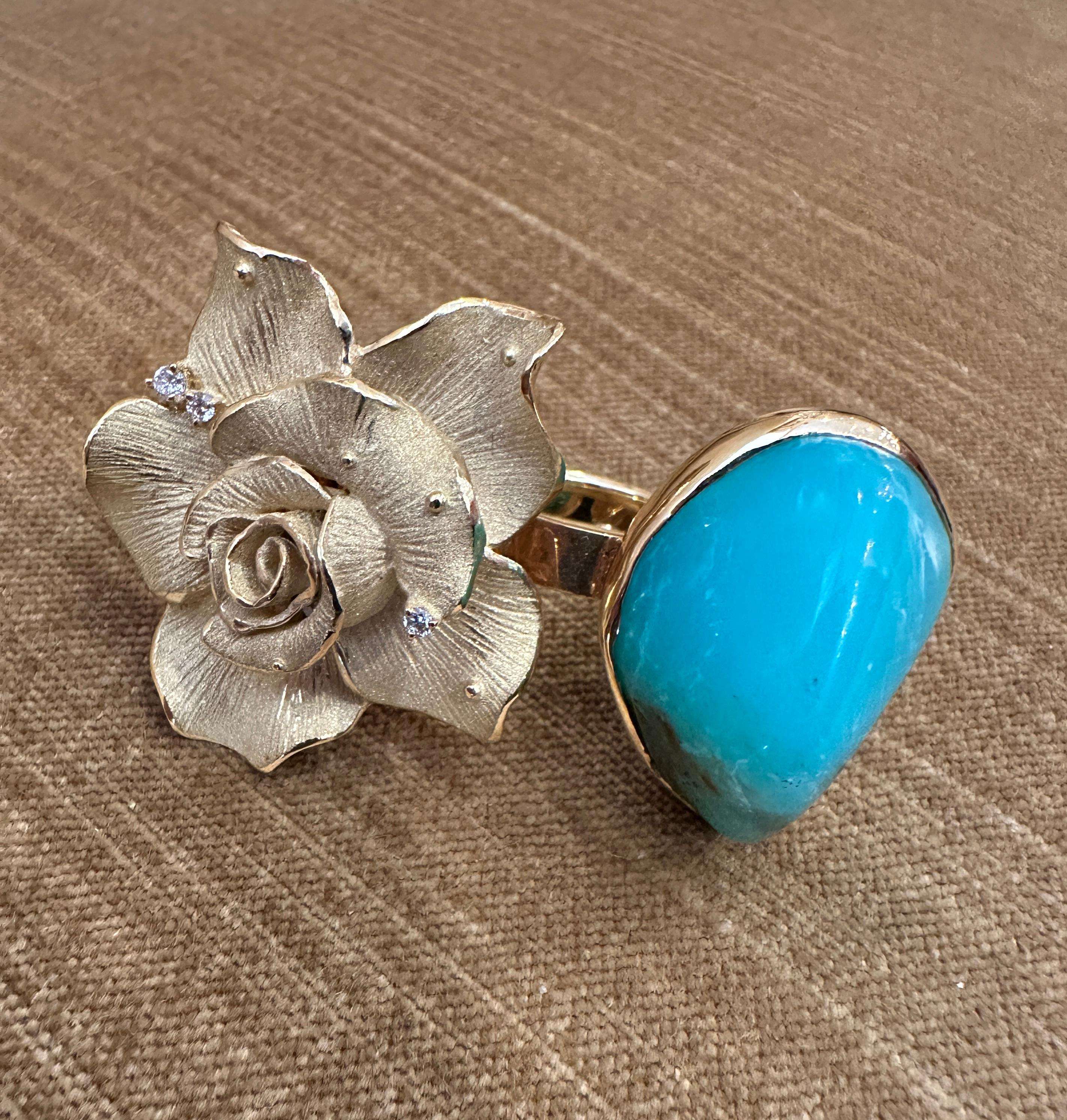 Bague double avec diamants, chrysoprase et fleur en or jaune 18k Excellent état - En vente à La Jolla, CA