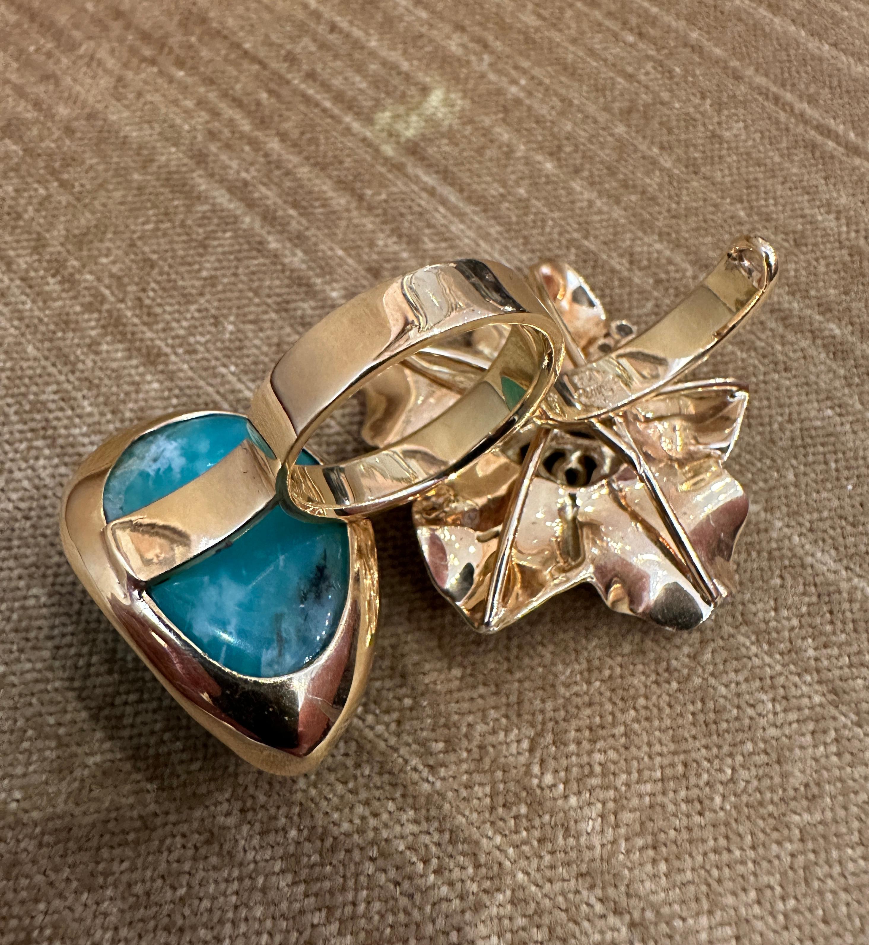 Bague double avec diamants, chrysoprase et fleur en or jaune 18k Pour femmes en vente