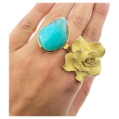 Double Ring with Diamonds, Chrysoprase and Flower in 18k Yellow Gold